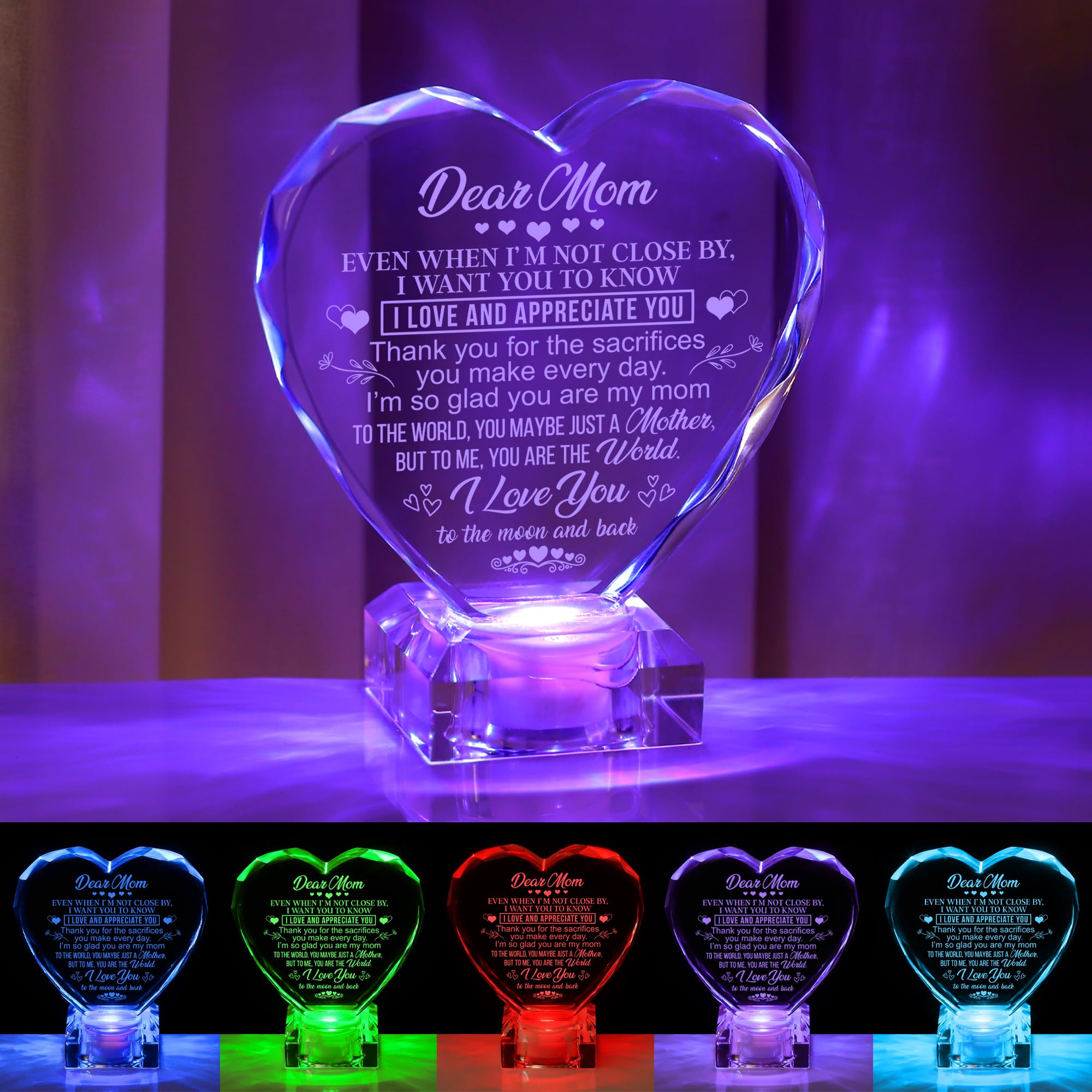 hibeauti Unique Gifts, Love Crystal Gift for Christmas Day Birthday, Engraved Crystal Heart with Rechargeable Color-Changing LED