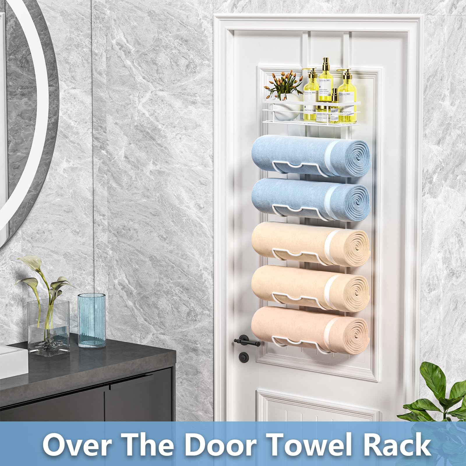 Xstydes 6-Tier Over The Door Towel Rack,Towel Racks For Bathroom, Metal Towel Holder With Storage Basket,Towel Rack For Rolled T