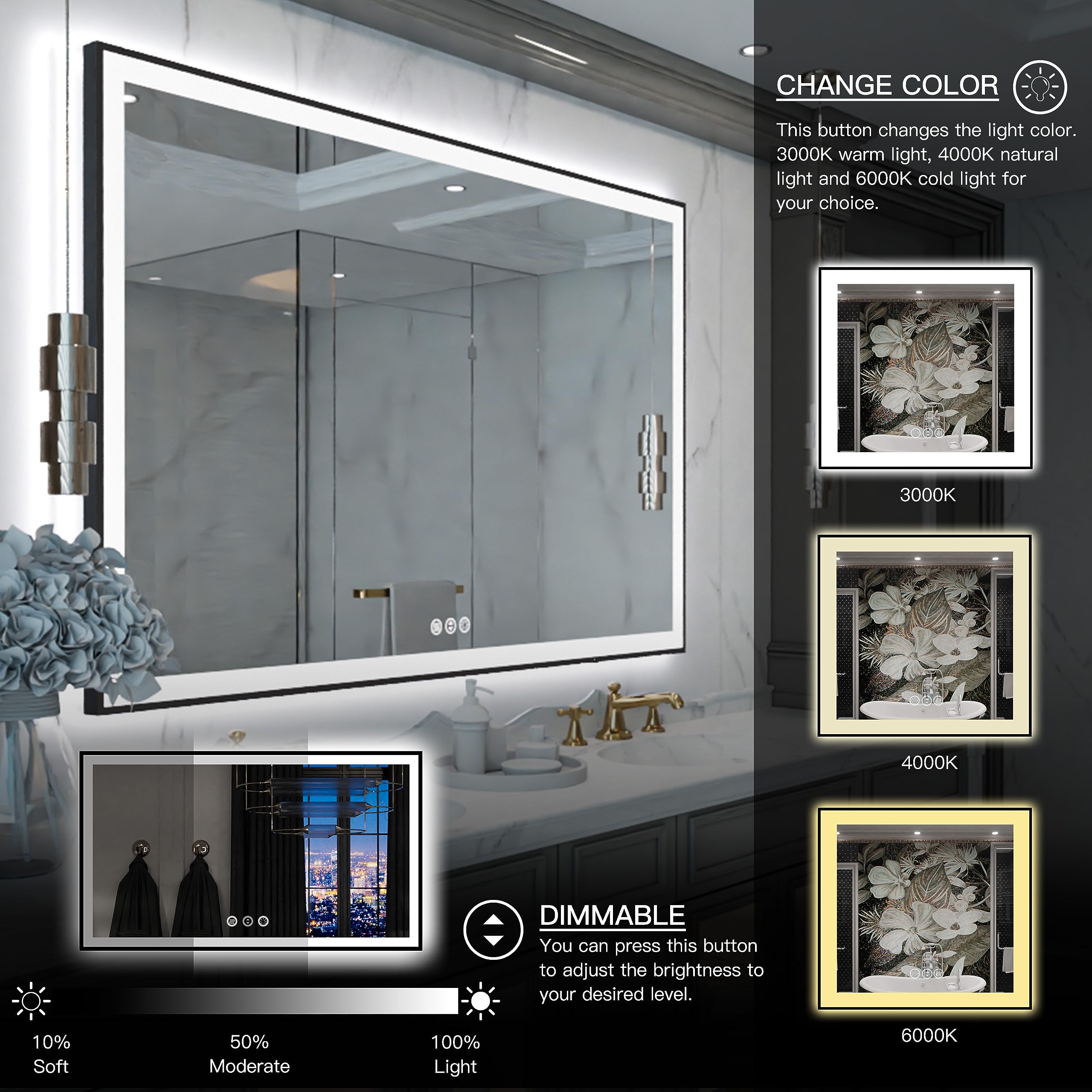 Yamazakura Large Light Bathroom Mirror 60X40 Backlit And Front Lighted Led Wall-Mounted Vanity Mirror Modern Rectangle Black Mir
