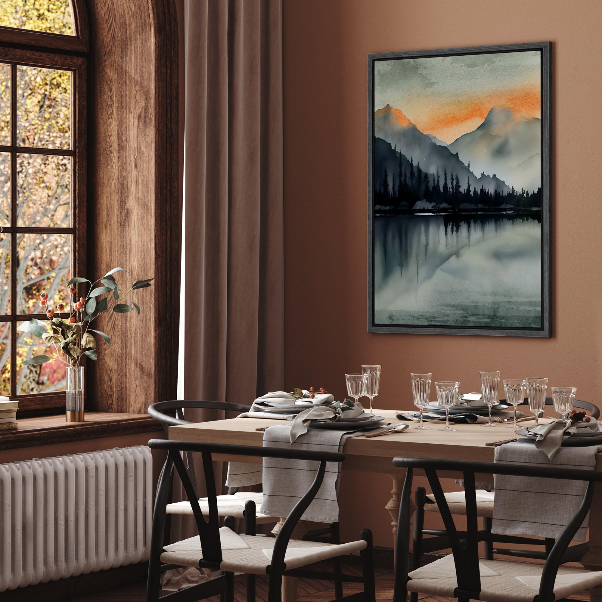Signford Framed Canvas Print Wall Art Silhouetted Pine Trees By Tranquil Lake Nature Wilderness Illustrations Modern Art Decorat