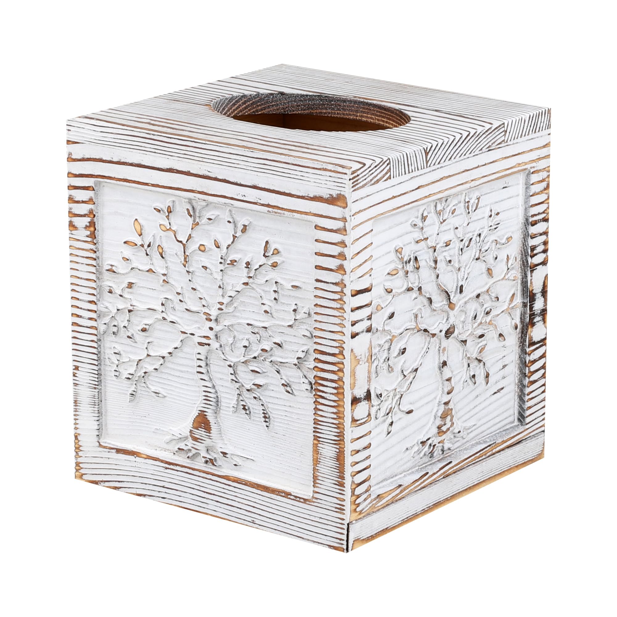 Ukwell Wood Carved Tissue Box Cover Square Tissue Holder Whitewashed Tree Of Life Design Rustic Vintage Home Decor For Bathrooom