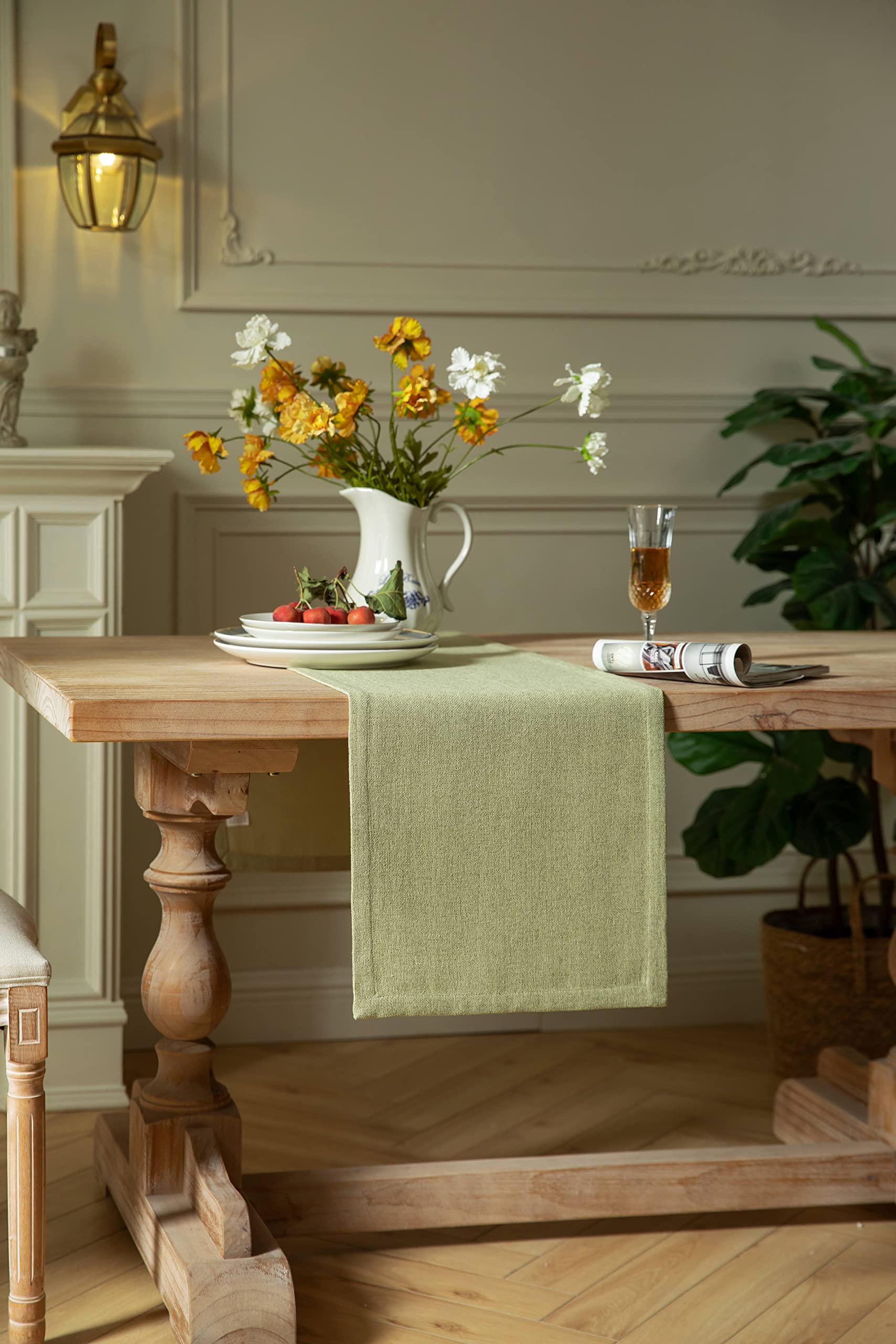 Zeemart Burlap Style Farmhouse Table Runners 60 Inches Long, Sage Green Rustic Woven Dining Table Runner For Everyday Use, 14X60