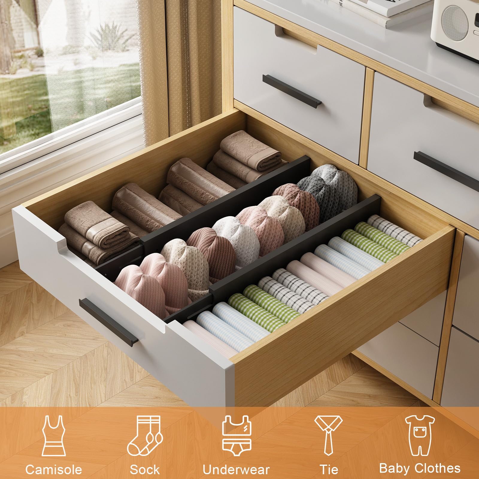 Ryqtop Bamboo Drawer Dividers,17-22'' Adjustable Kitchen Drawer Organizer for Clothes,6 Pack Expandable Drawer Organization Sepa