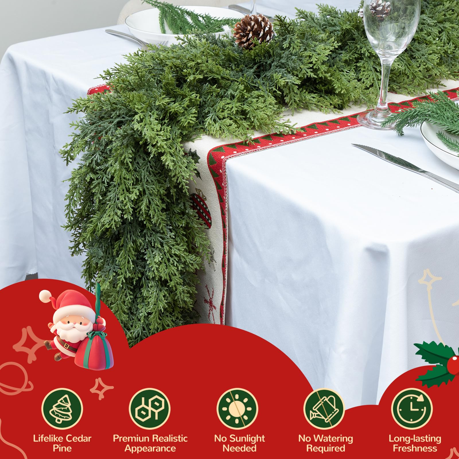 Giauma 9FT Double Fullness Christmas Cedar Garland with 280 Tips Cedar Branches Artificial Realistic Thick Soft Green Faux Winte