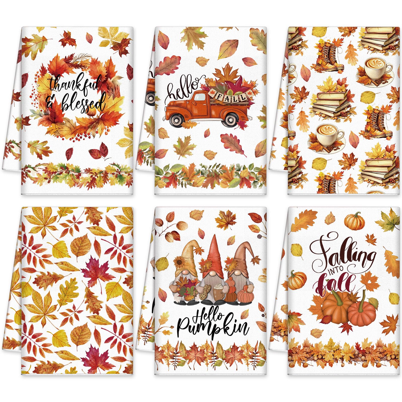 Windkream 6 Pieces Thanksgiving Kitchen Towels Maple Leaves Gnome Pumpkin Dishtowels 21.26 x 14.17 Inches Orange Autumn Bathroom