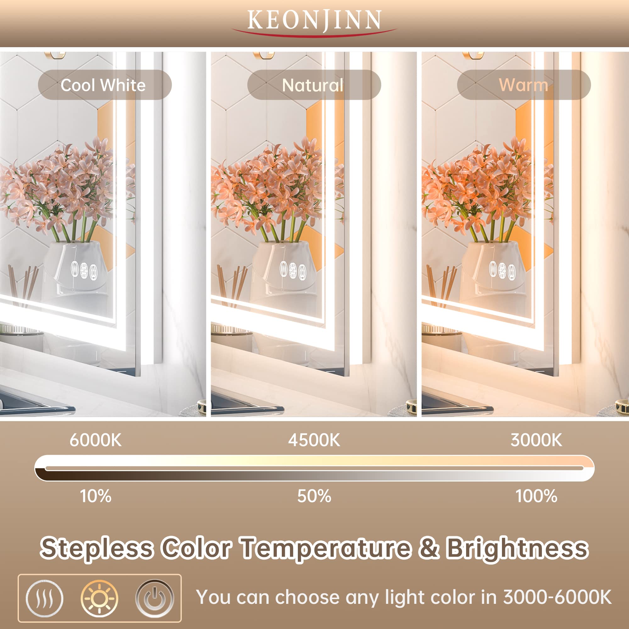 Keonjinn Led Bathroom Mirror 24'' X 36'' With Front And Backlight, Stepless 3 Colors Temperature & Dimmable Backlit Mirror, Ul L