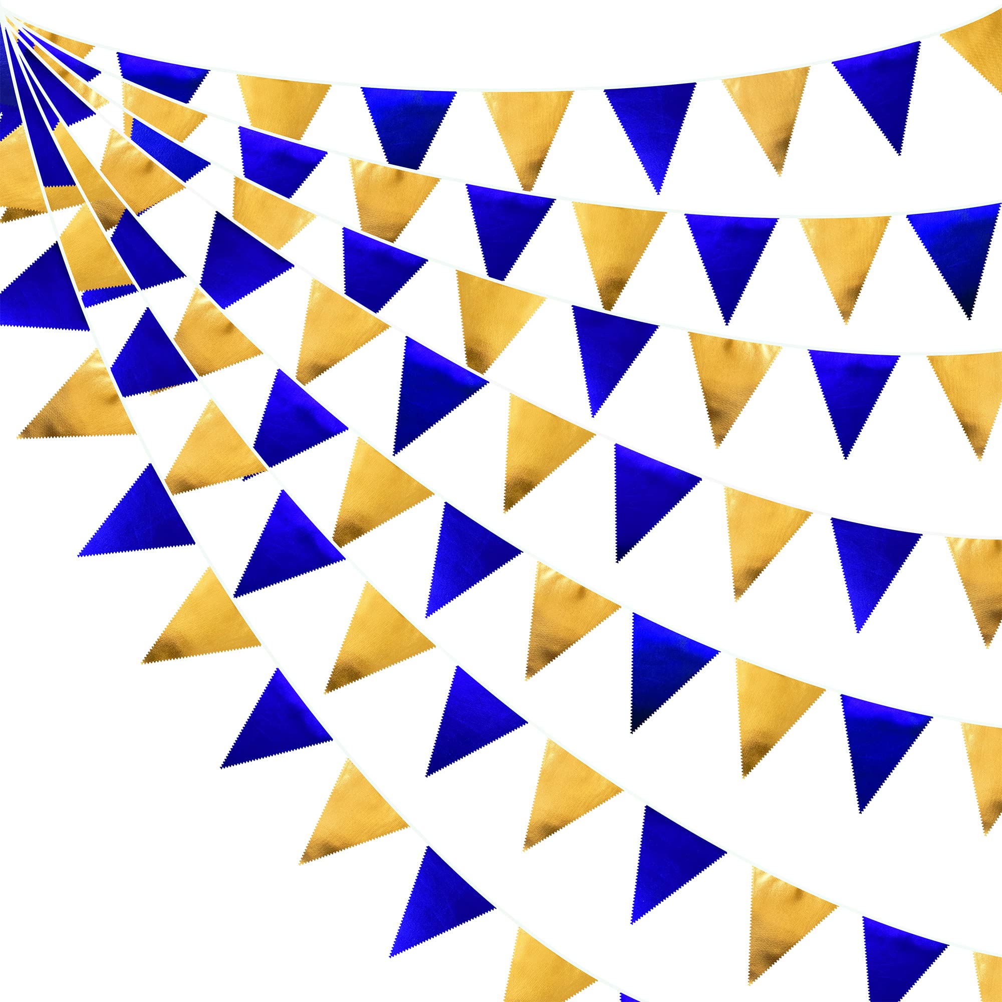 Royal Blue Gold Party Decoration Navy Blue Gold Triangle Pennant Banner Flag Metallic Fabric Bunting Garland For Graduation Birt