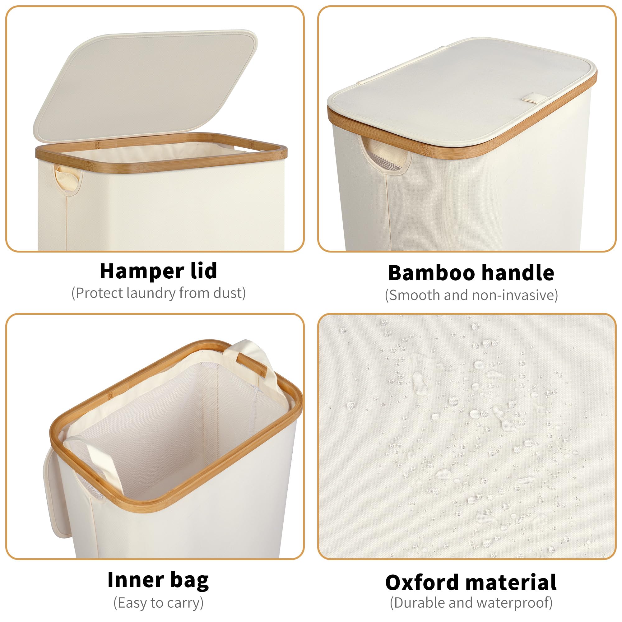 Iegrow Slim Laundry Hamper,75L Beige Narrow Laundry Basket With Lid,Foldable Clothes Hamper With Bamboo Handles,Hamper Basket Wi