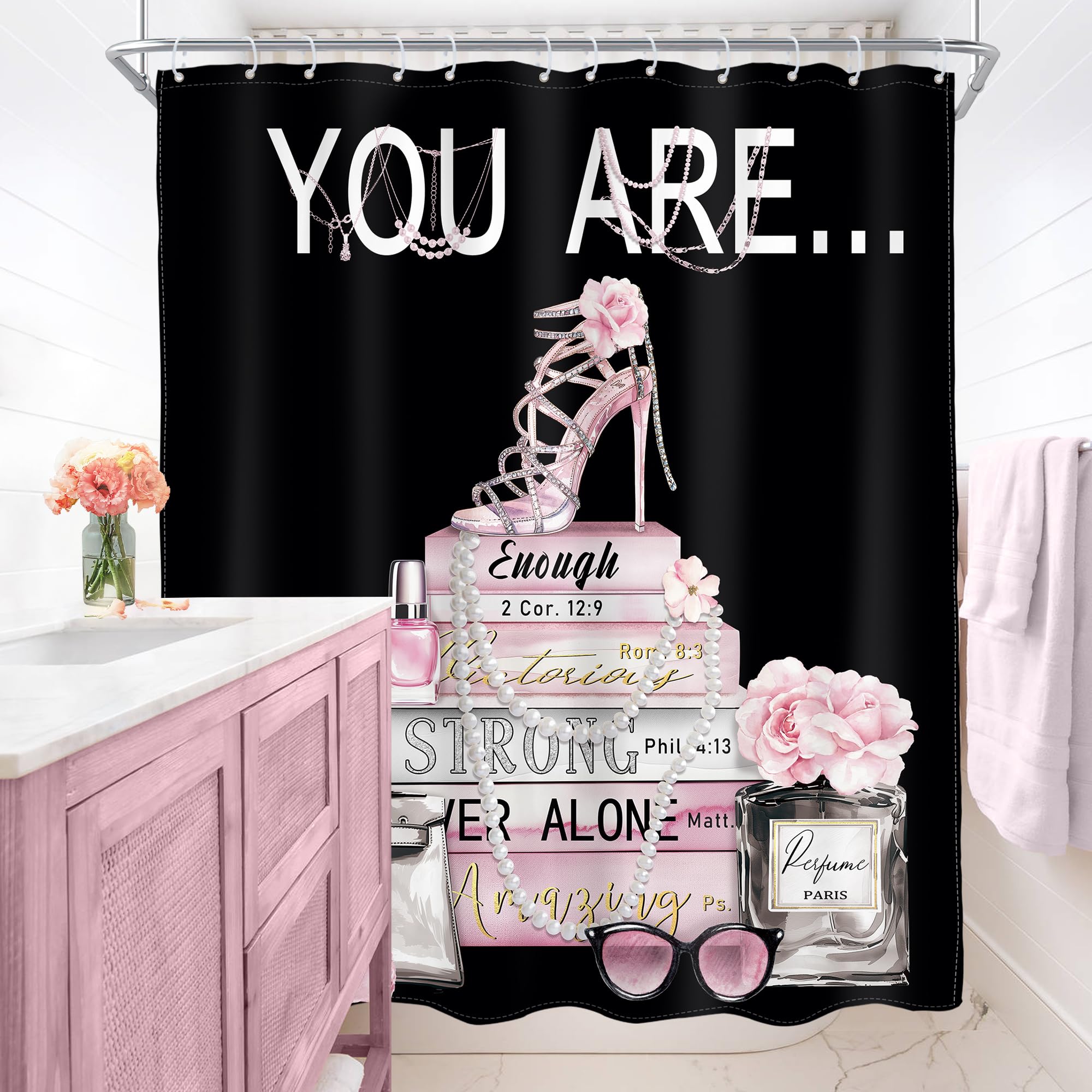 Ambzek Black Fashion Shower Curtain 60Wx72L Inch Pink Women Girls Modern Perfume Flower High Heel Magazine Book You Are Artwork