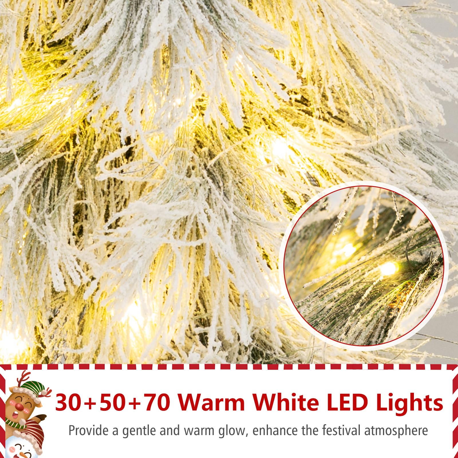 Goplus 3 4 5 Pre-Lit Snow Flocked Christmas Tree Set of 3, Slim Pencil Artificial Xmas Trees with 150 Warm White LED Lights,