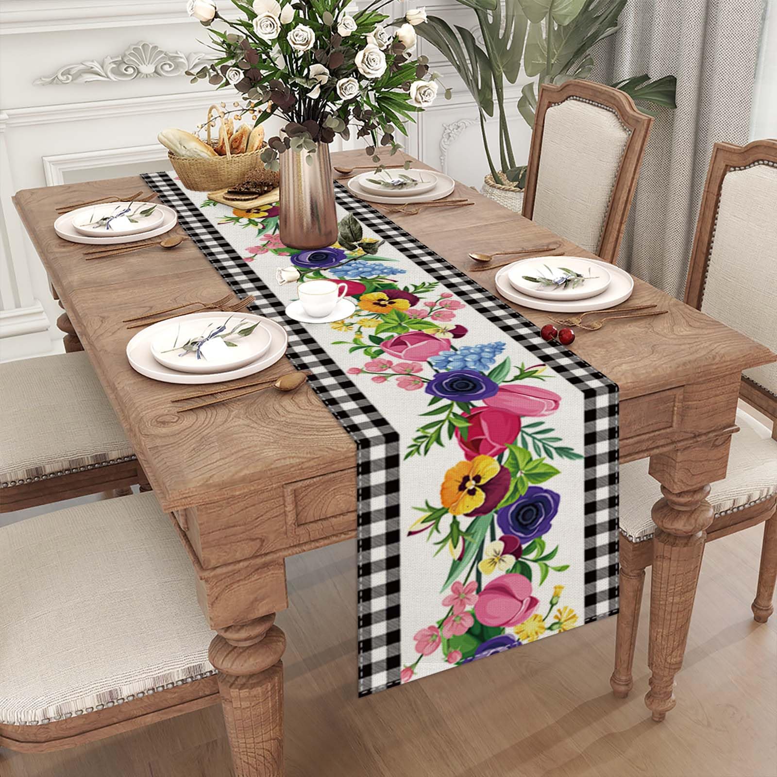 Linen Black And White Buffalo Check Plaid Spring Table Runner 72 Inches Long Farmouse Spring Summer Easter Watercolor Floral Tab