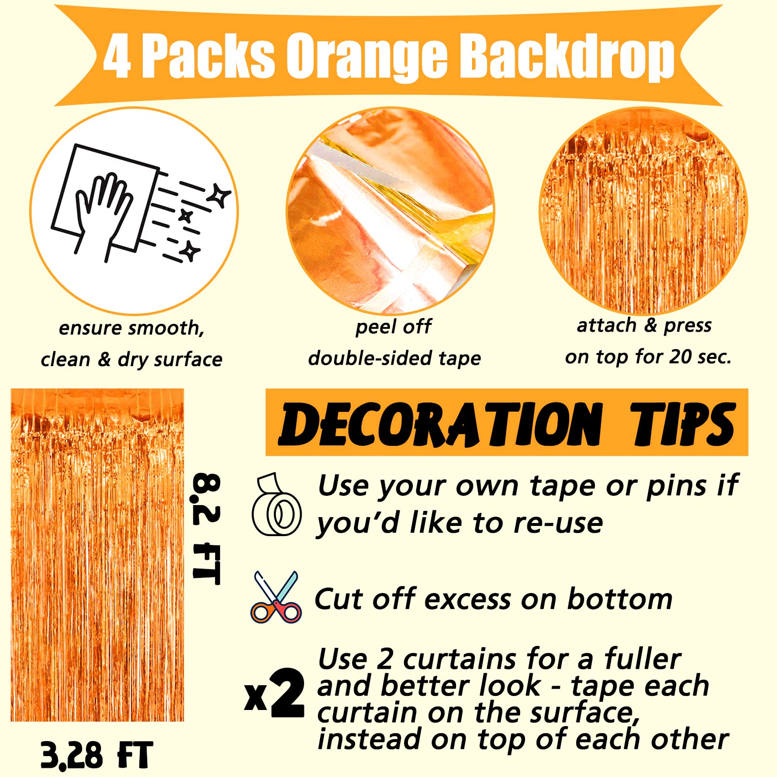 4 Pack Orange Fringe Curtain Backdrop, 3.2Ft X 8.2Ft Metallic Tinsel Foil Fringe Streamers Background For Photo Booth Birthday W