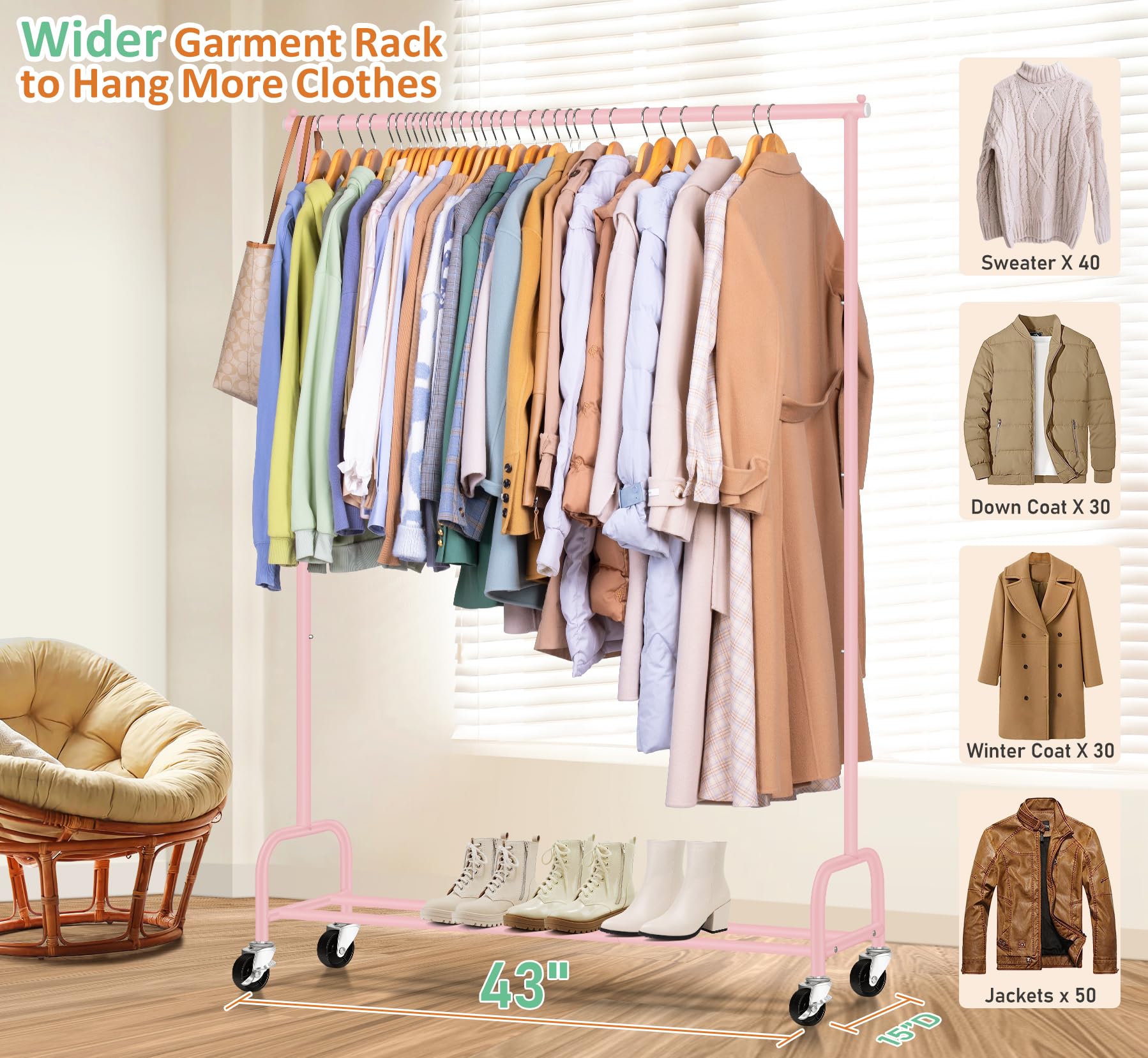 Sleeping Lamb Heavy Duty Clothing Racks For Hanging Clothes Rack, 43'' Wide Rolling Garment Rack Metal Clothing Hanger Rack With