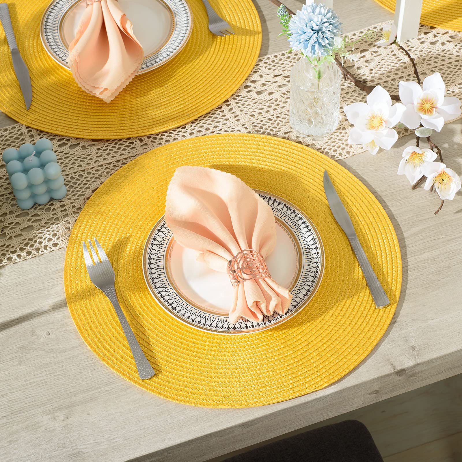 Ahhfsmei Round Braided Placemats 15 Inch Round Table Mats For Dining Tables Natural Woven Heat Resistant Place Mats Set Of 8 (Ye