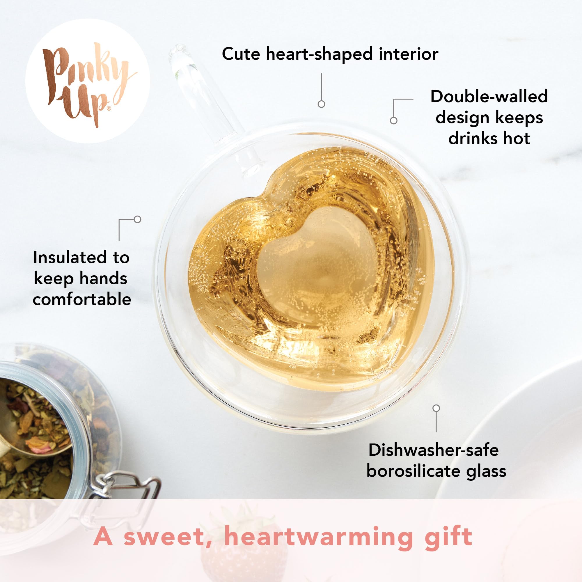Pinky Up Kendall Heart Shaped Glass Tea Cups with Handle, Double Walled Coffee Mugs, Drinking Glasses for Hot Chocolate Milk, La
