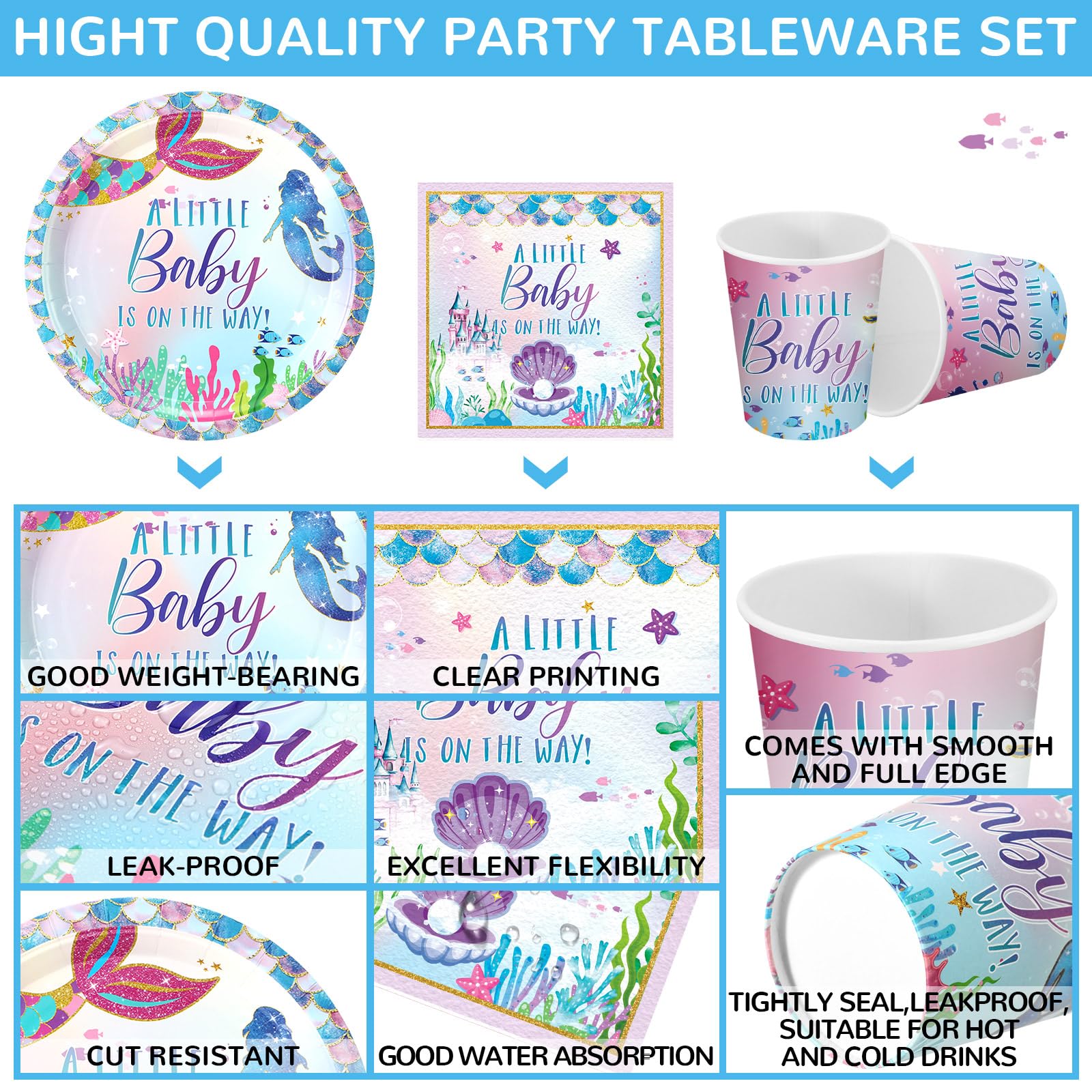 200 Pcs Mermaid Baby Shower Paper Plates Napkins Cups Under The Sea Baby Shower Party Supplies Tableware Set Purple Green Dispos