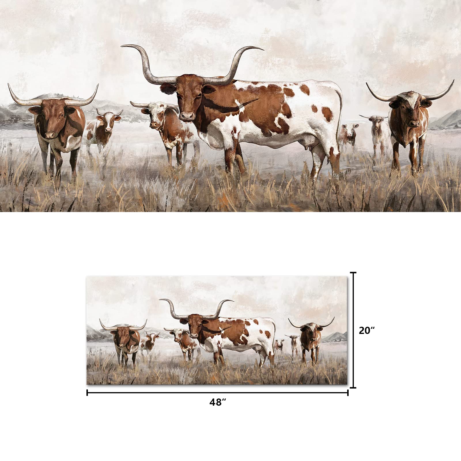 Visual Art Decor Large Texas Longhorn Canvas Wall Art Decor Western Farmhouse Cow Cattle Picture Art Prints for Living Room  Kitchen  Bedroom  Office & Home Decor Gift Ready to Hang (Brown)