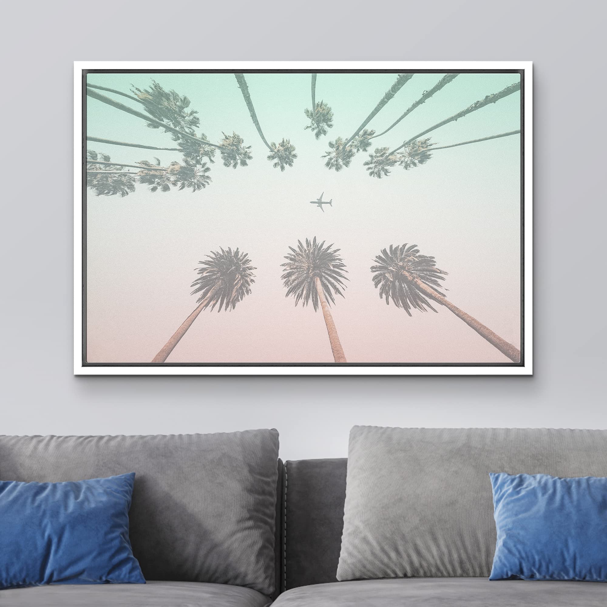 wall26 Framed Canvas Print Wall Art Duotone Teal & Pink Los Angeles Palm Trees Architecture & Maps Cities Photography Realism Scenic Colorful for Living Room  Bedroom  Office - 24''x36'' White