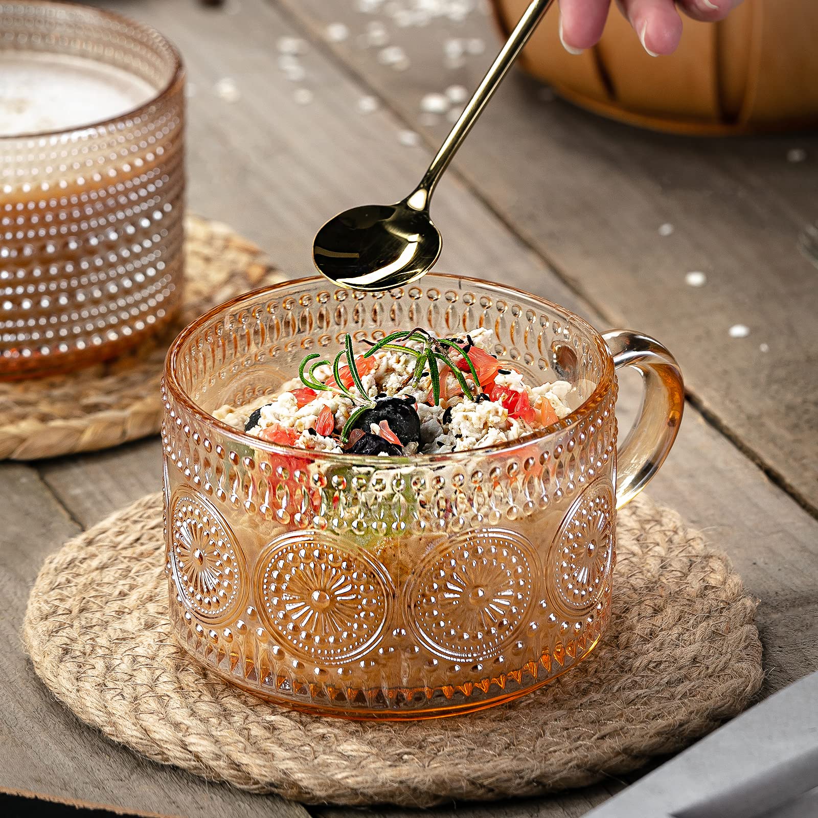 Gezzeny Vintage Coffee Mugs 14 Oz Set Of 2 Amber Embossed Glass Tea Cups For Cappccino, Latte,Cereal, Yogurt, Beverage Christmas