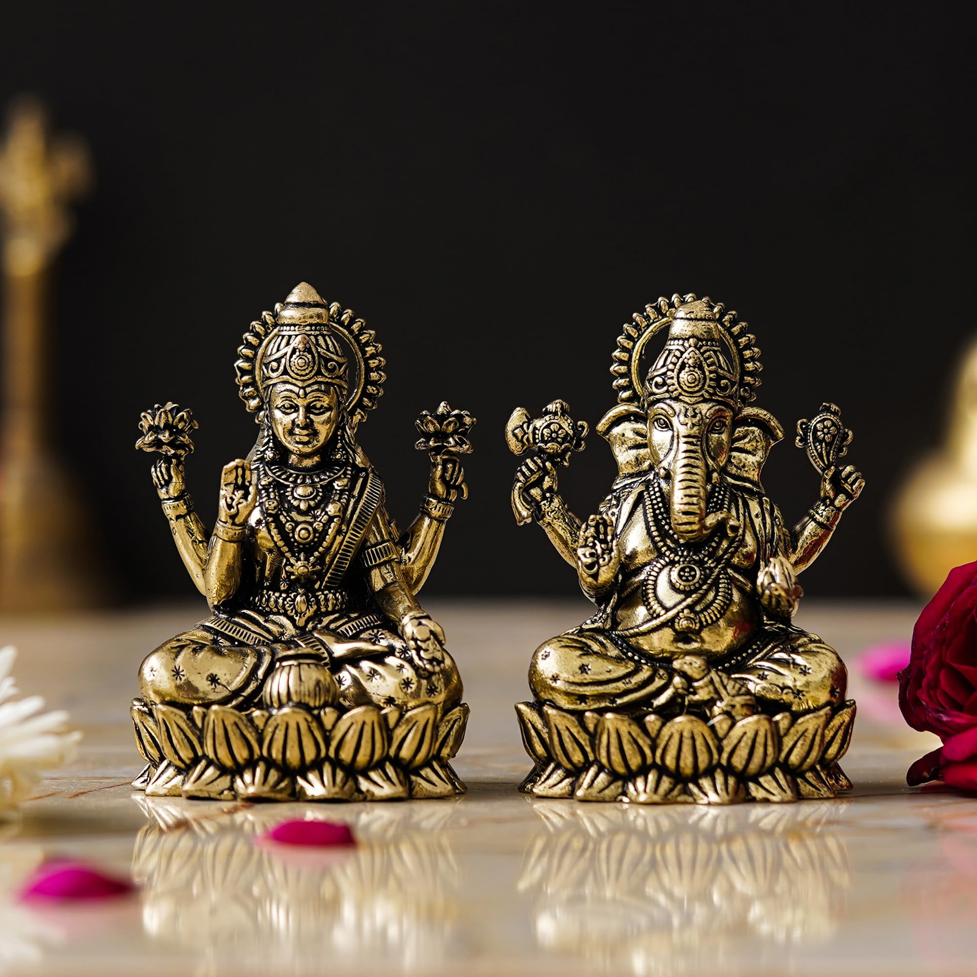 3 Lakshmi Ganesha Sitting On Lotus Murti Brass Maa Laxmi Ganesh Blessing Idol Mata Padma Vinayak Statue Devi Laxmi God Ganpati F