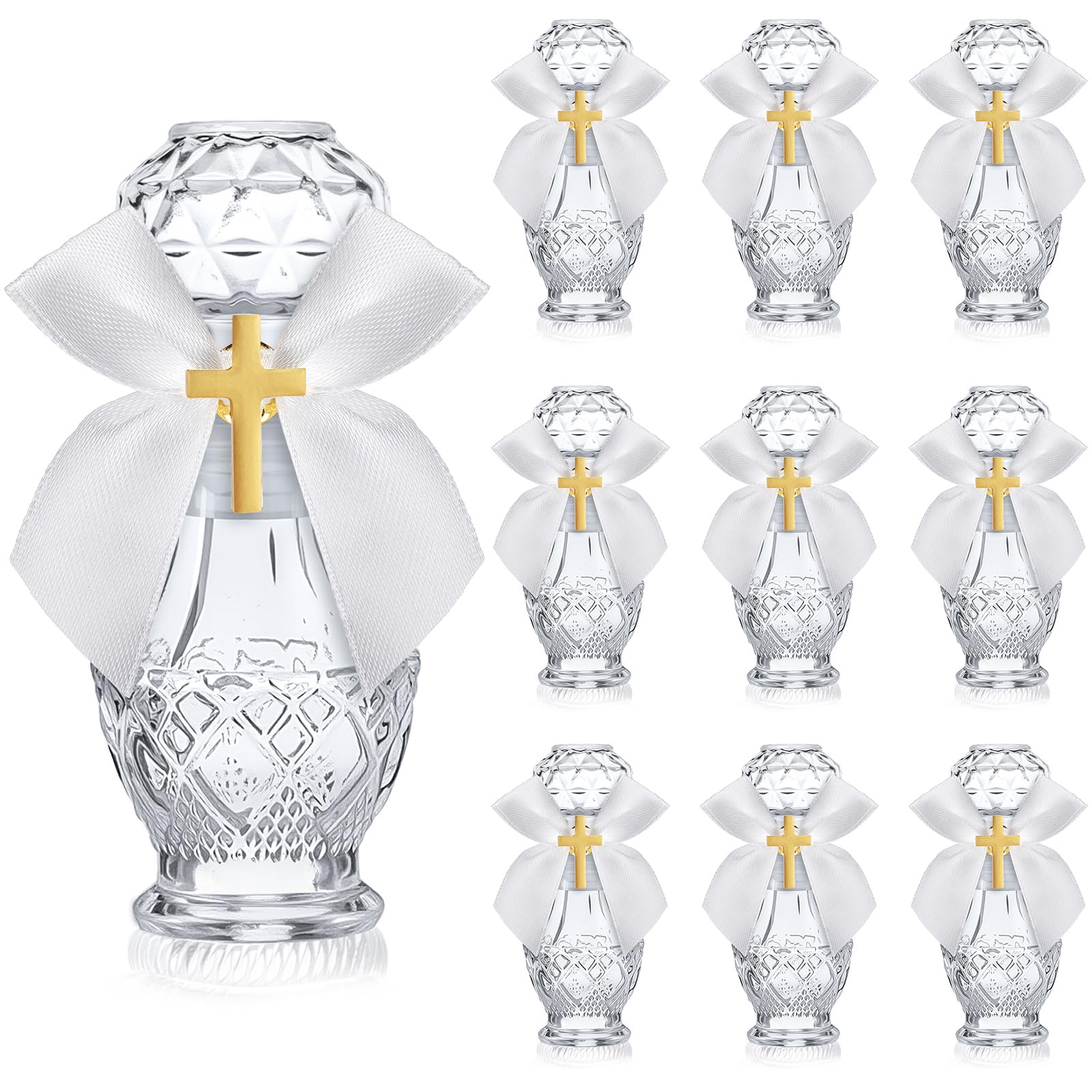 Chuangdi 10 Set Holy Catholic Water Bottles 50ml Christian Water Container Empty Catholic Glass Bottle with Cross Lapel Pin Ribb