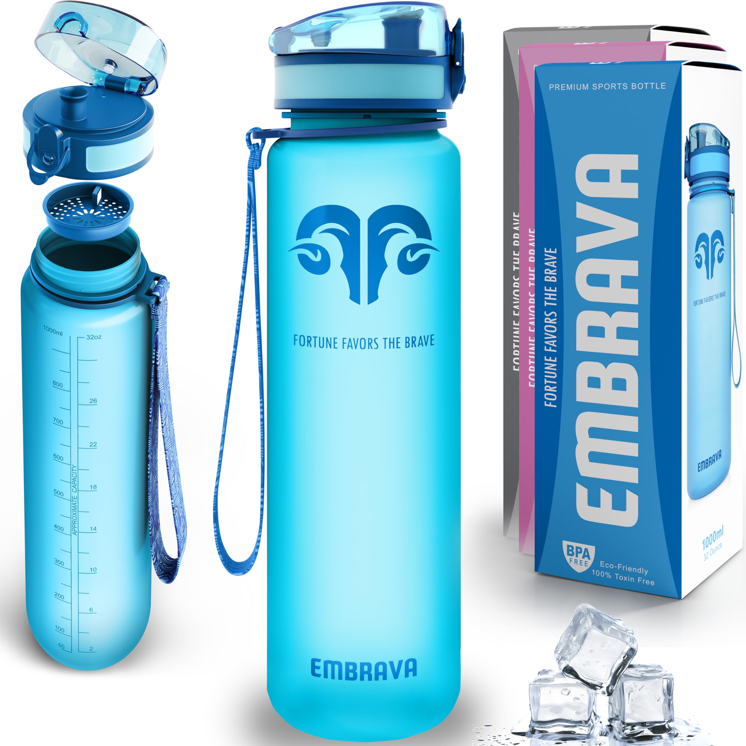 Embrava Best Sports Water Bottle - 32oz Large - Fast Flow  Flip Top Leak Proof Lid w/One Click Open - Non-Toxic BPA Free & Eco-Friendly Plastic - For Men & Women