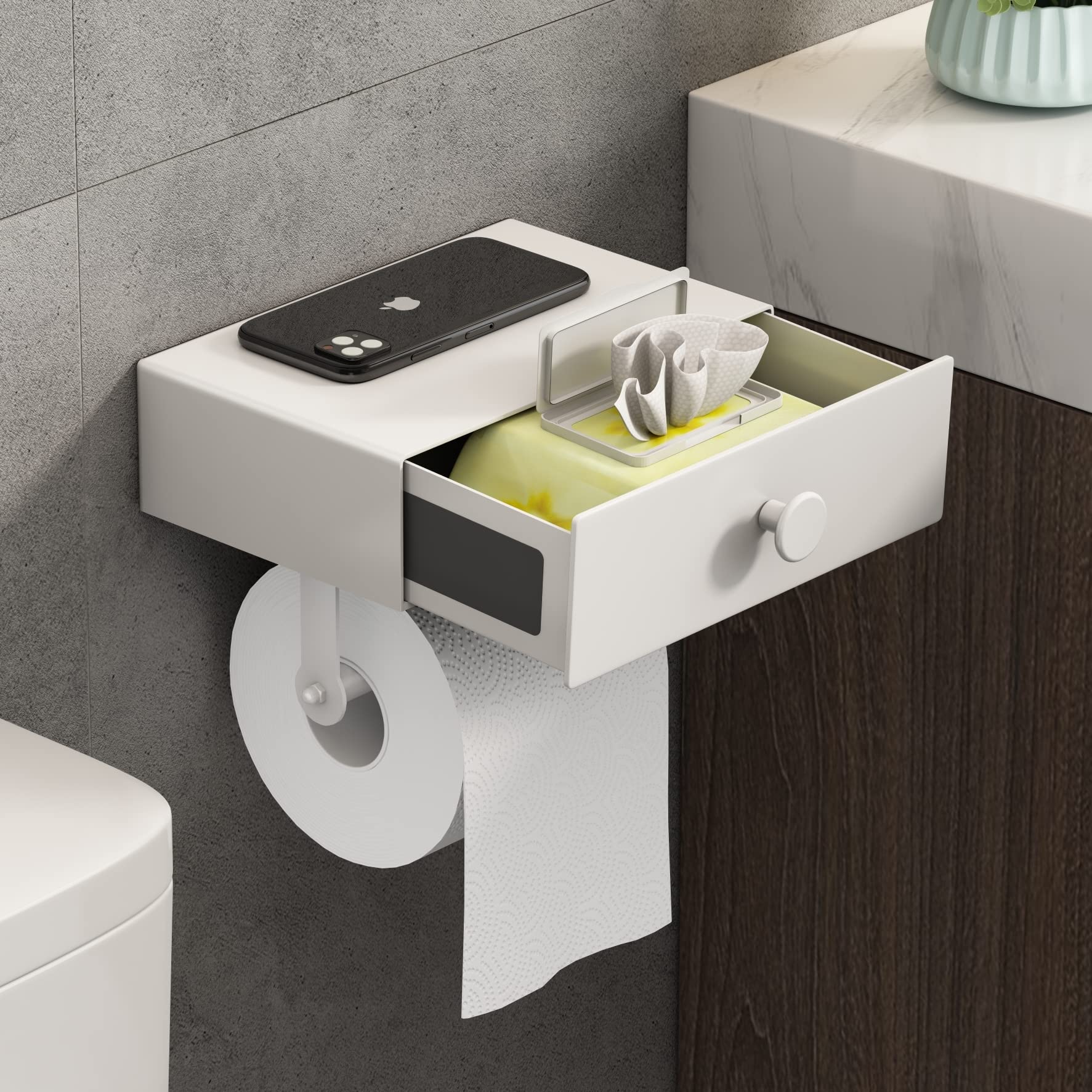 Toilet Paper Holder with Shelf VOLDRA Toilet Paper Holder with Storage Wipes Dispenser for Bathroom Toilet Tissue Holder-White