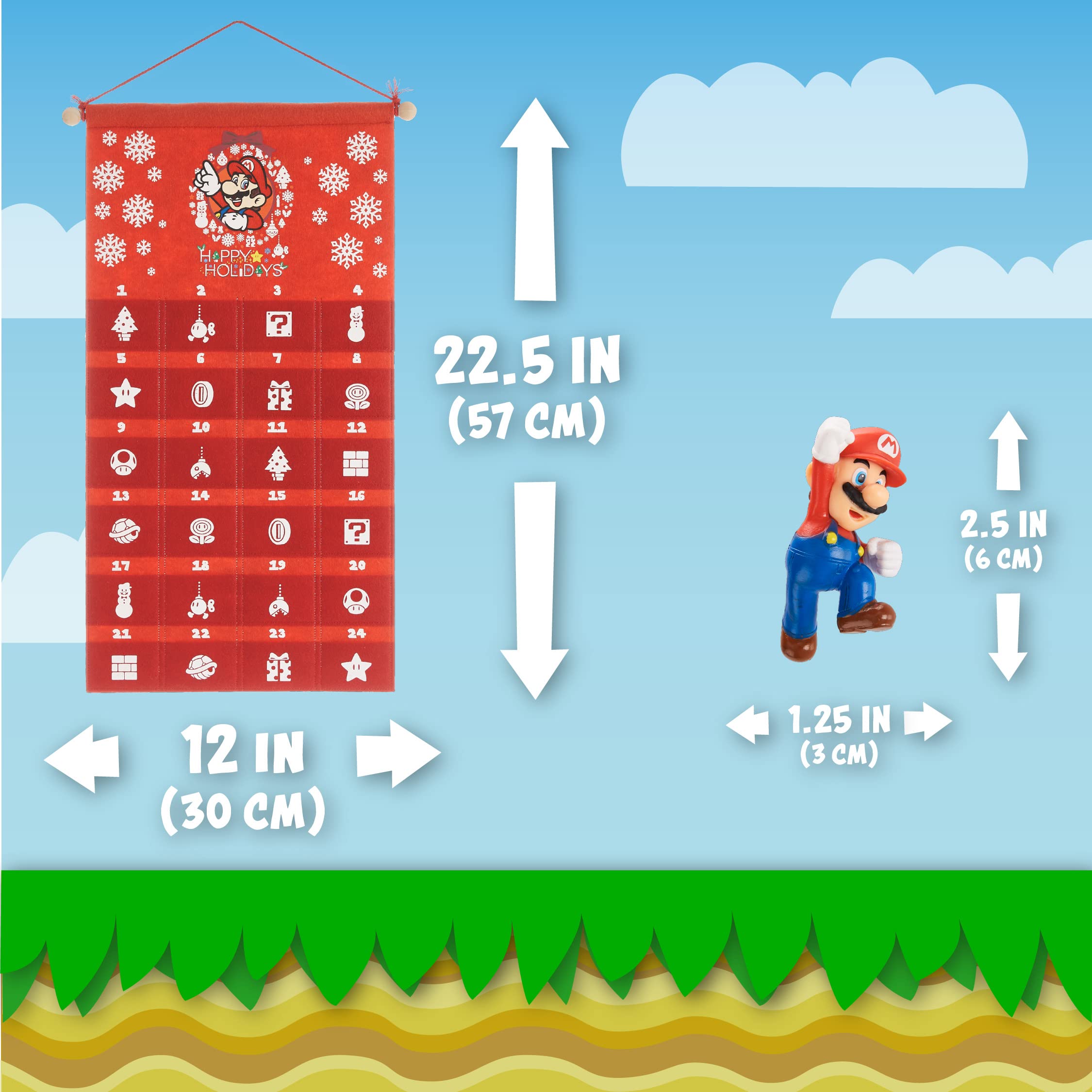 Super Mario Fabric Advent Calendar with Mario Toy, 24 Days Nintendo Christmas Countdown, Reusable Felt Hanging Wall Decoration w