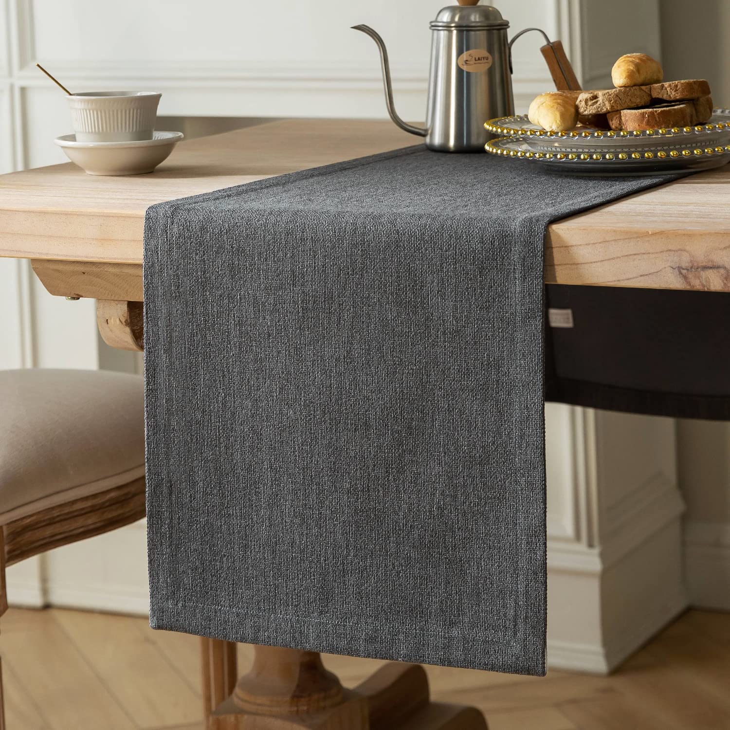 Zeemart Burlap Style Farmhouse Table Runners 90 Inches Long, Grey Rustic Woven Dining Table Runner For Everyday Use, 14X90 Inche