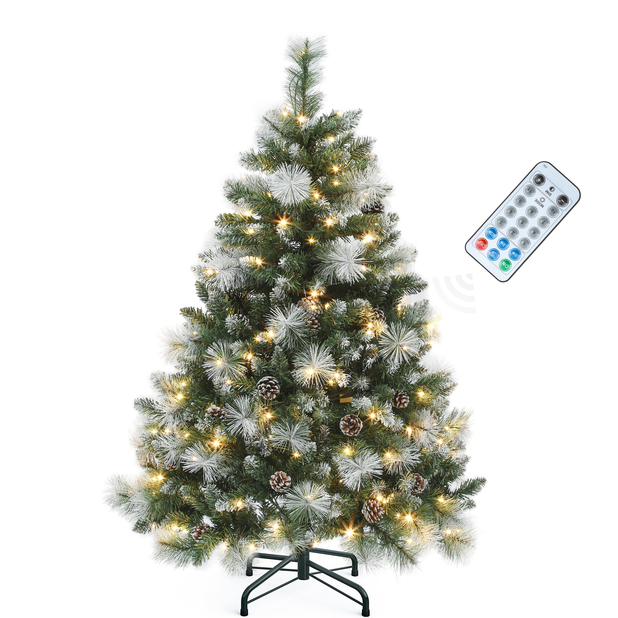 YITAHOME 4.5ft Prelit Scotch Pine Christmas Tree with Remote Control, Pre-Decorated Frosted Christmas Tree with Pine-Cones & Nee