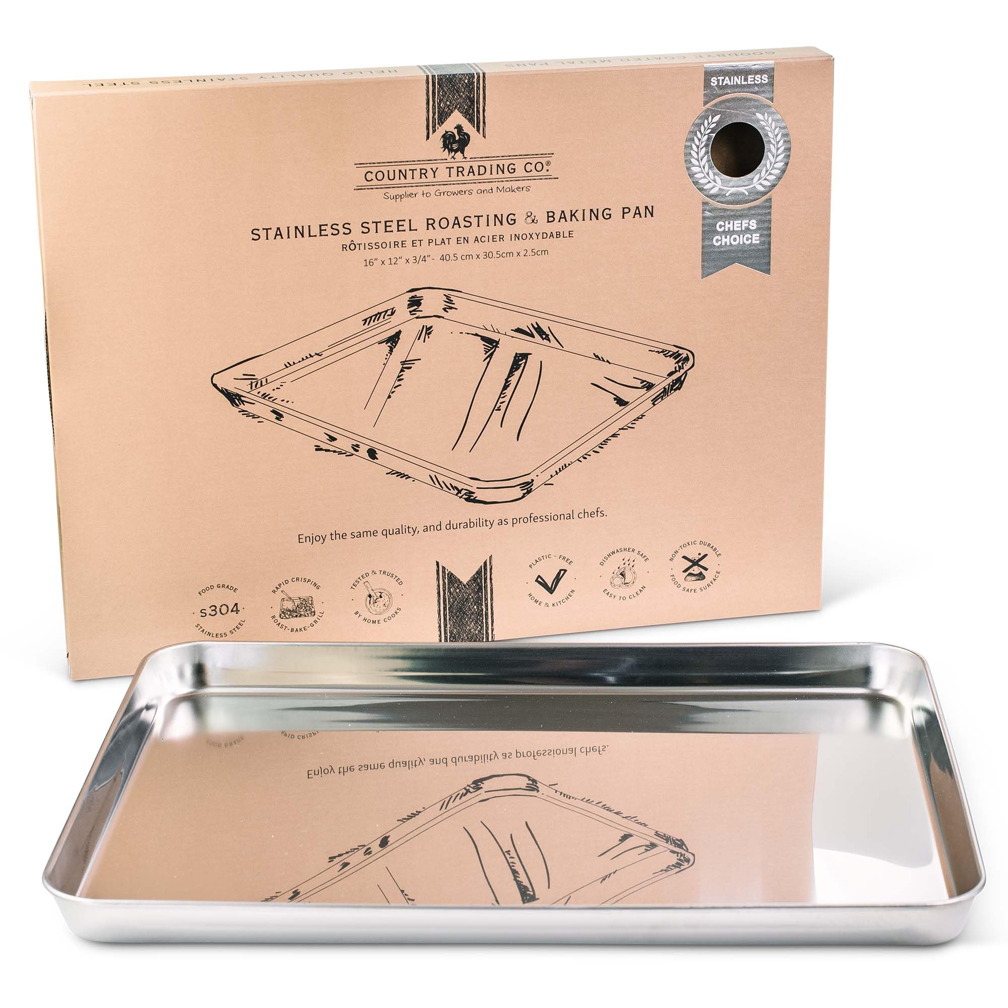 Large Baking Tray and Roasting Tin  Stainless Steel Oven Dish  Food Safe Cookware  Grill Pan Free from Non Stick Coatings (16