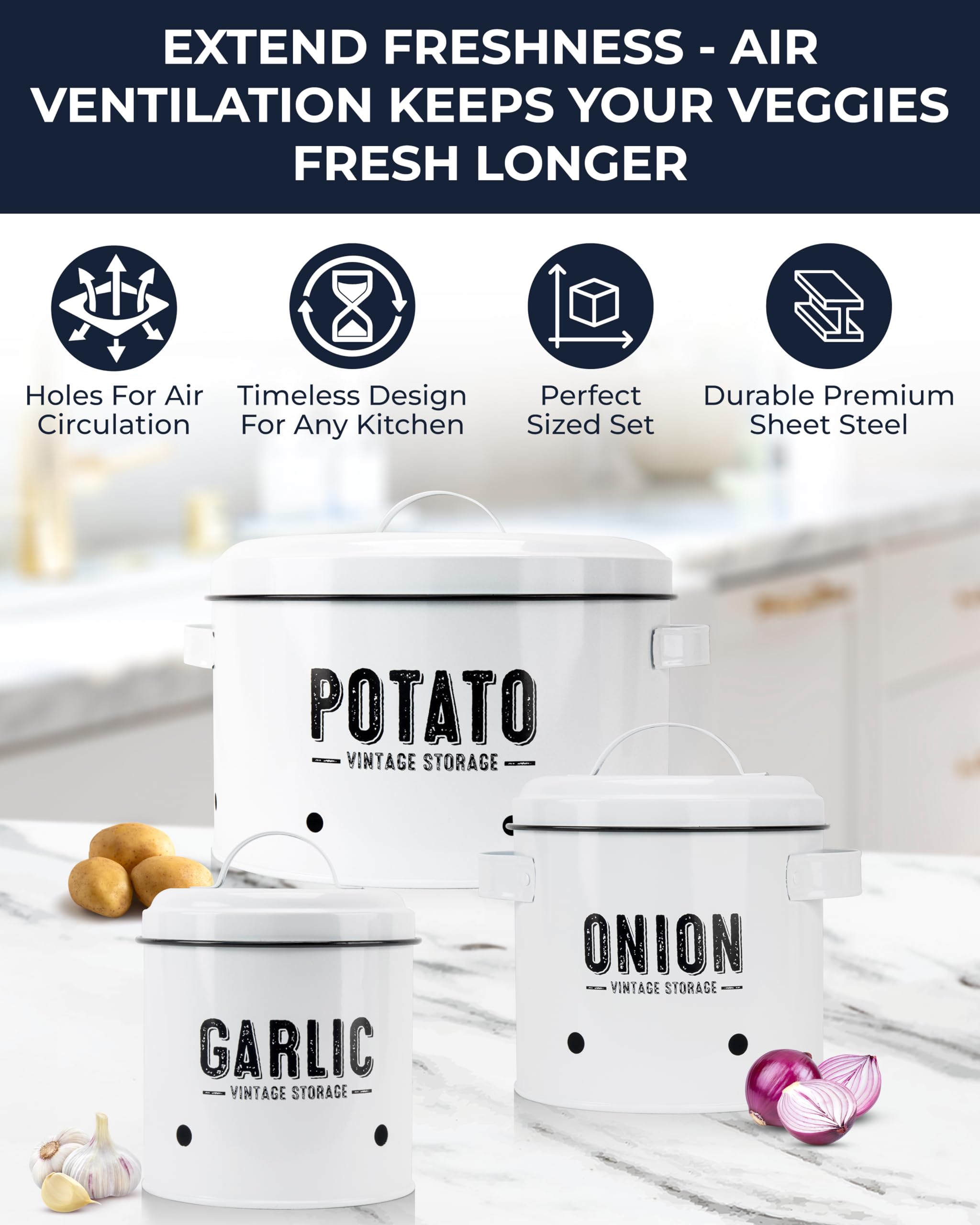 Granrosi Potato Storage For Pantry, Canister Sets For The Kitchen Counter, Garlic Keeper For Counter, Onion Keeper, Potato Bin,