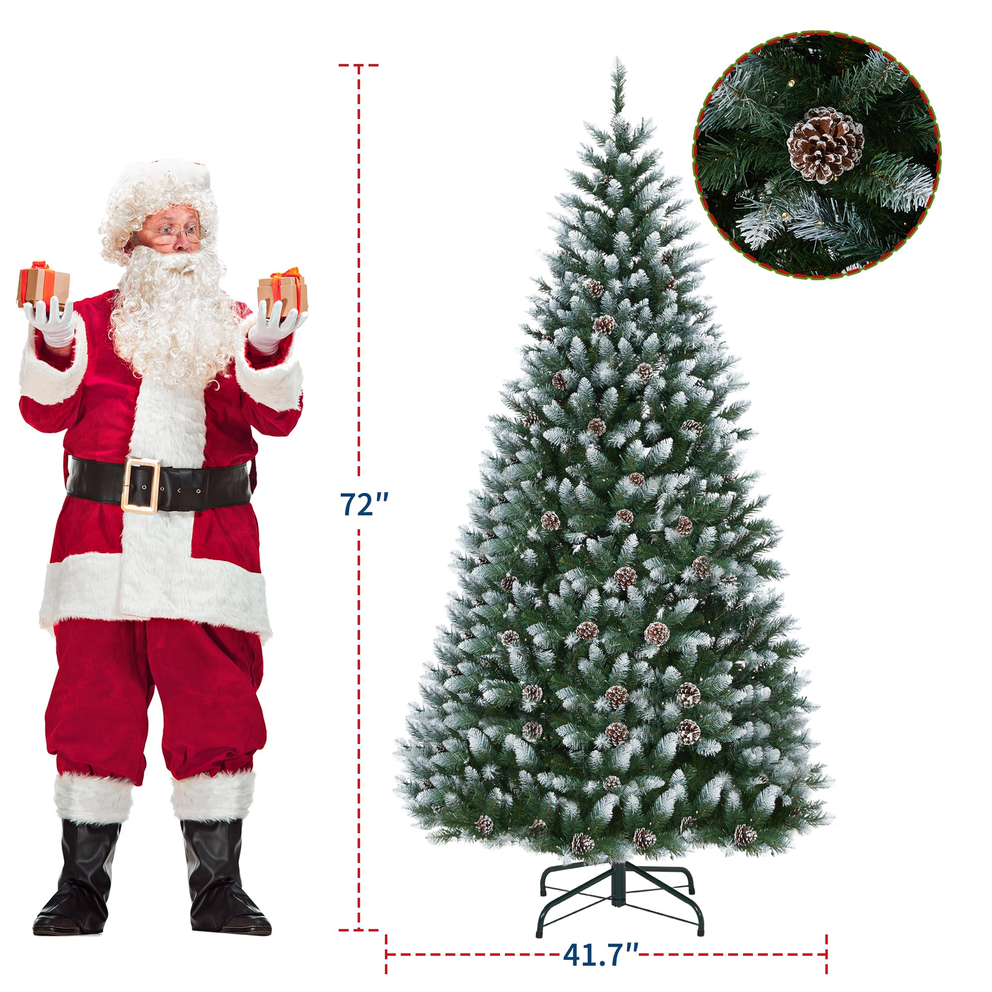6FT Pre-Lit Artificial Christmas Tree with 250 Lights, 748 Snow-Covered Pine Needle Tips & Pine Cones, White Winter Themed Tree
