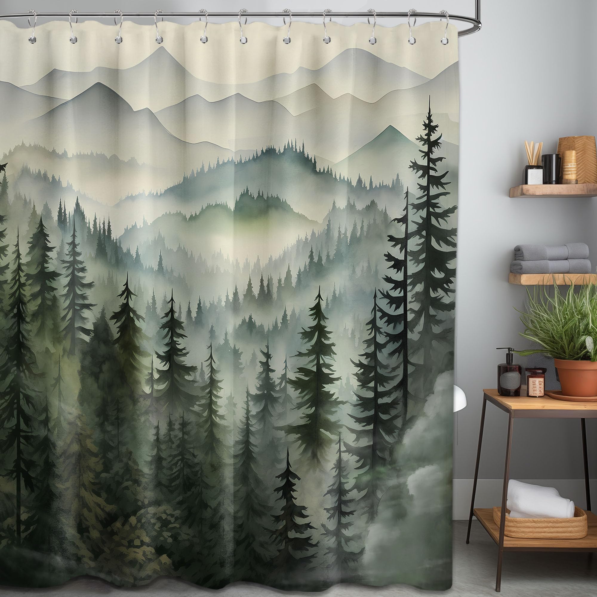 Qghot Mountain Shower Curtain Forest Nature Shower Curtains For Bathroom, Rustic Woodland Pine Tree Landscape Bathtub Curtain Me