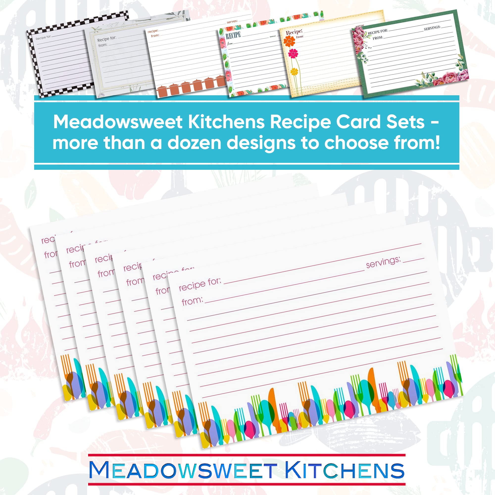 Meadowsweet Kitchens Recipe Card Set - 25 Recipe Cards 4 X 6 Inch, Perfect Size For A Recipe Card Box For Wedding, Bridal Shower