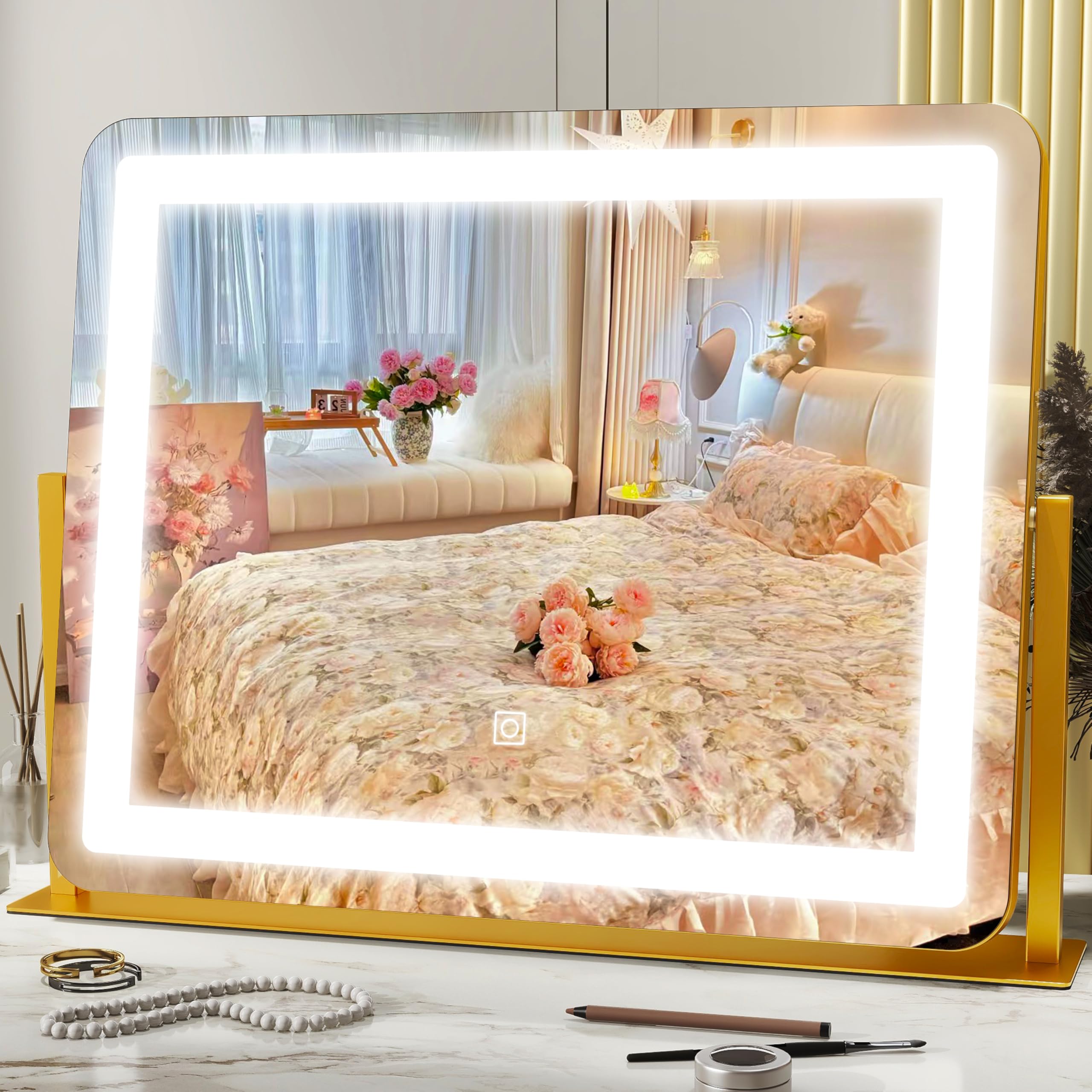 Hnv Gold Vanity Makeup Mirror With Lights, 22X17 Large Lighted Vanity Mirror, Dimmable Led With 3 Color Touch Lighting, Tabletop