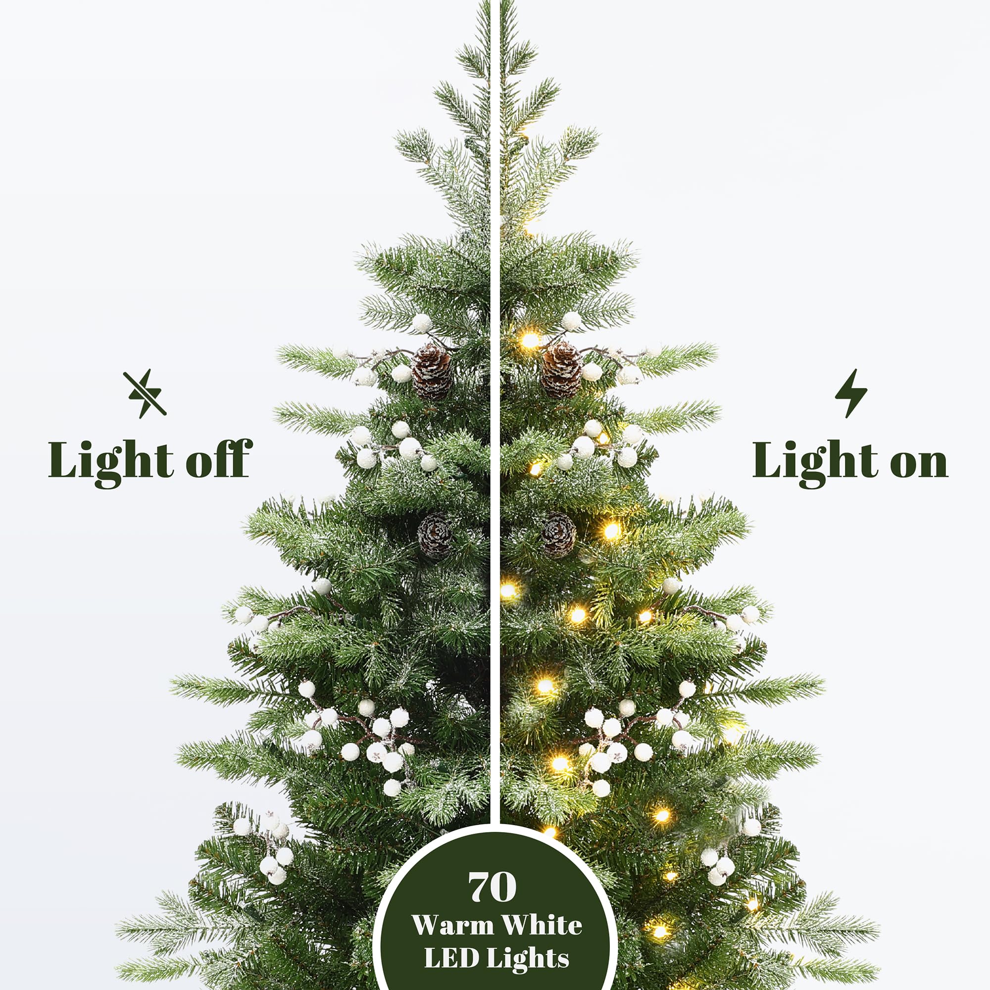 LuxenHome 4FT Potted Flocked Christmas Tree, Small Christmas Tree Prelit with 70 Warm White LED Lights, Berries and Pine Cones,