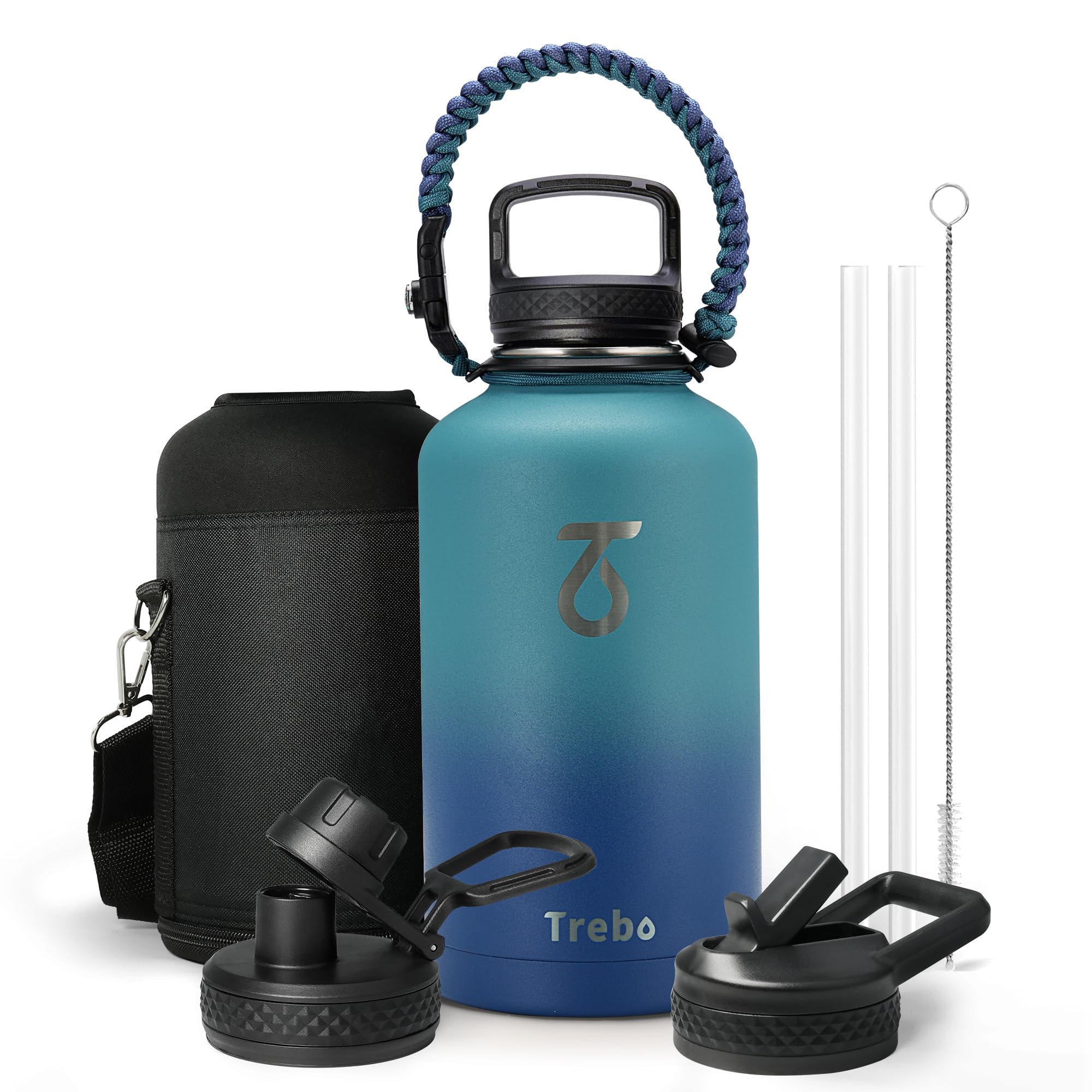 Trebo Insulated Water Bottle 64 oz, Half Gallon Metal Vacuum Water Jug with Handle and 3 Lids, Leakproof BPA-Free Water Flask fo