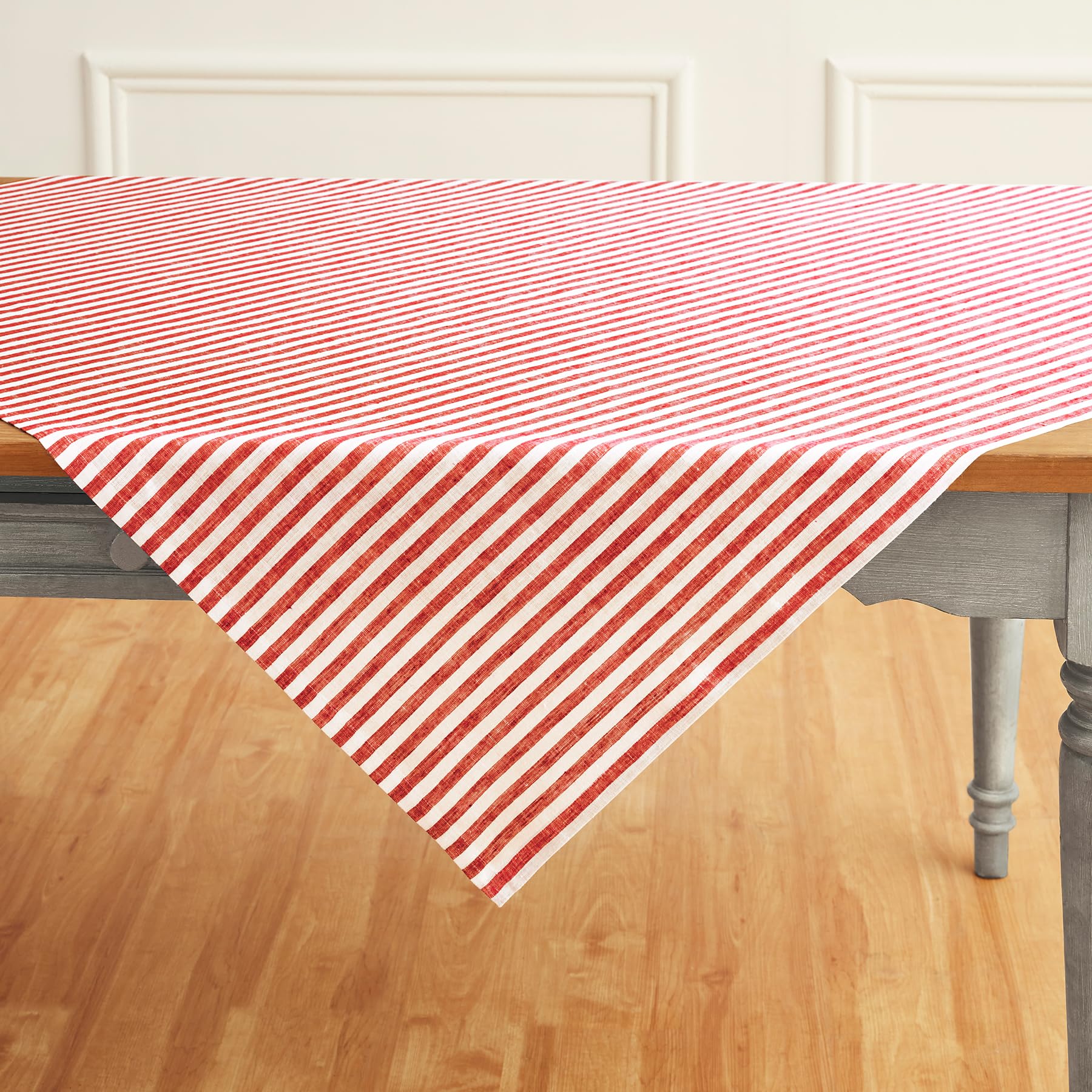 Solino Home Stripe Linen Tablecloth - 100% Pure Linen Red And White Table Throw 52 X 52 Inch For Spring - Handcrafted And Machin