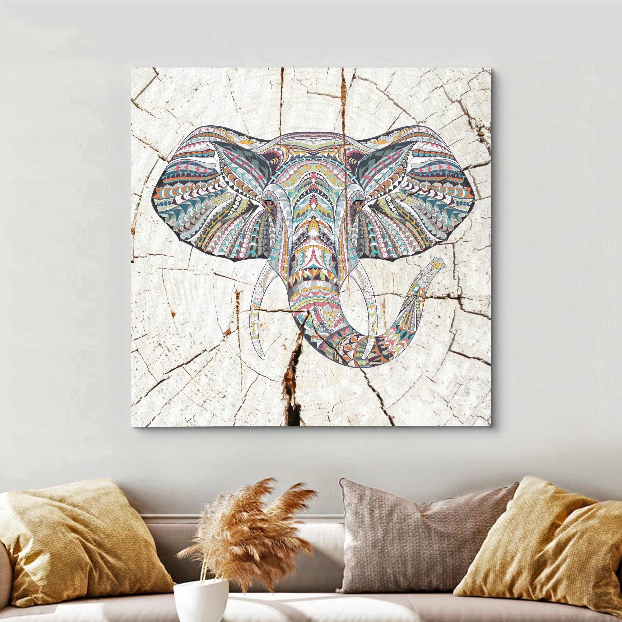 Wall26 Canvas Print Wall Art Wood Ring Effect Tribal Pattern Elephant Animals Wildlife Wood Panels Modern Art Farmhouse/Country