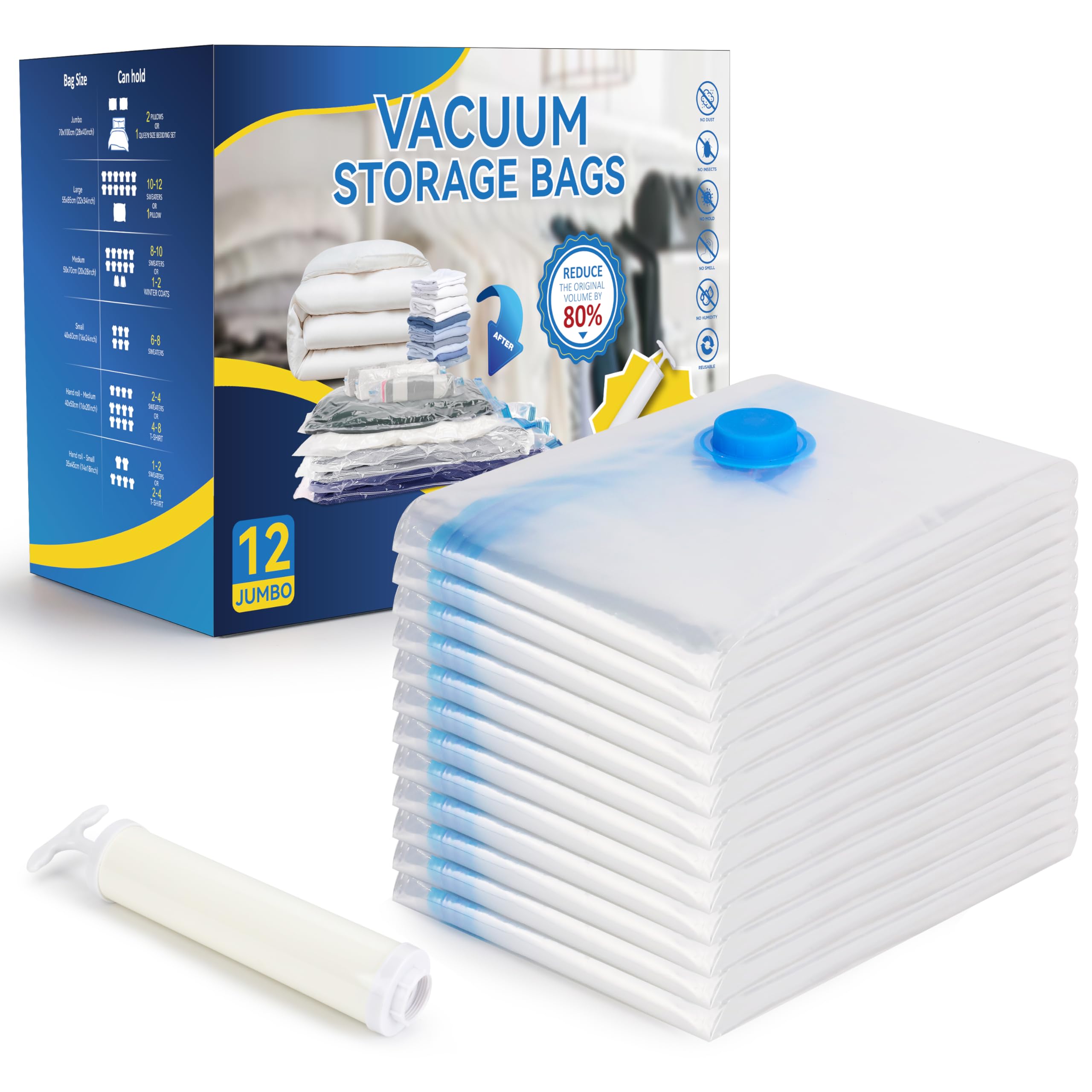 12 Jumbo Compression Storage Bags, Vacuum Storage Bags, Space Saver Bags for Comforters, Blankets, Bedding, Pillows and Clothes 