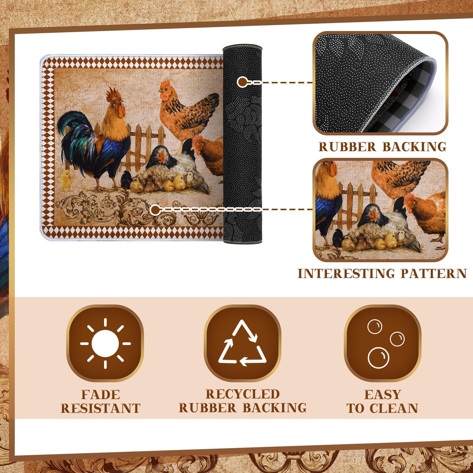 Bencailor 2 Pcs Rooster Kitchen Rugs Set Farmhouse Kitchen Rugs Chicken Kitchen Mat Chicken Decor For Kitchen Non Slip Washable