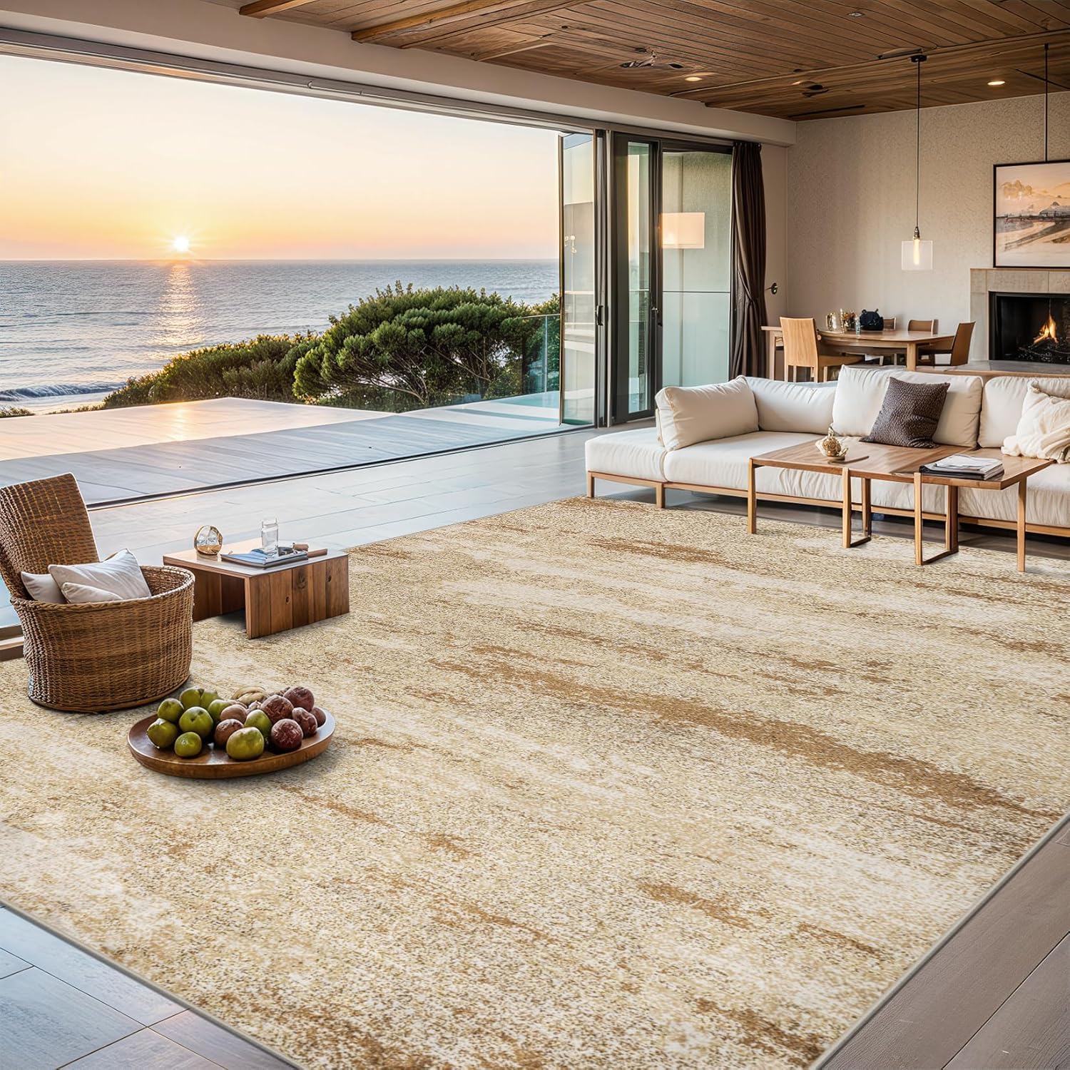 Area Rugs Living Room Rug - 5x7 Washable Modern Abstract Soft Neutral Non-Slip Carpet Large Indoor Floor Stain Resistant Thin Ca