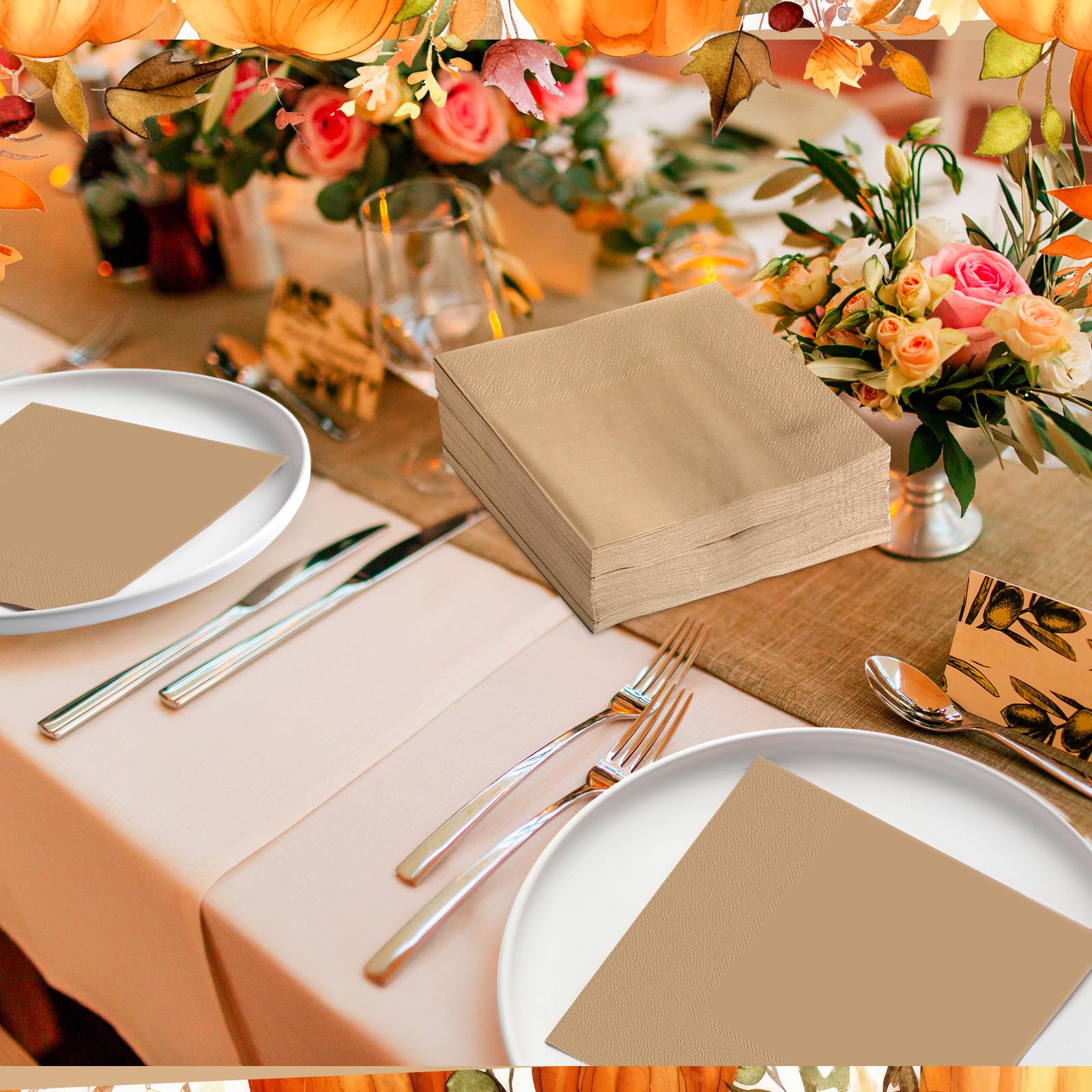 Teling 100 Pcs Fall Paper Napkins Disposable Wooden Color Napkins for Autumn Holidays Wedding Home Luncheon Reception Tea Party