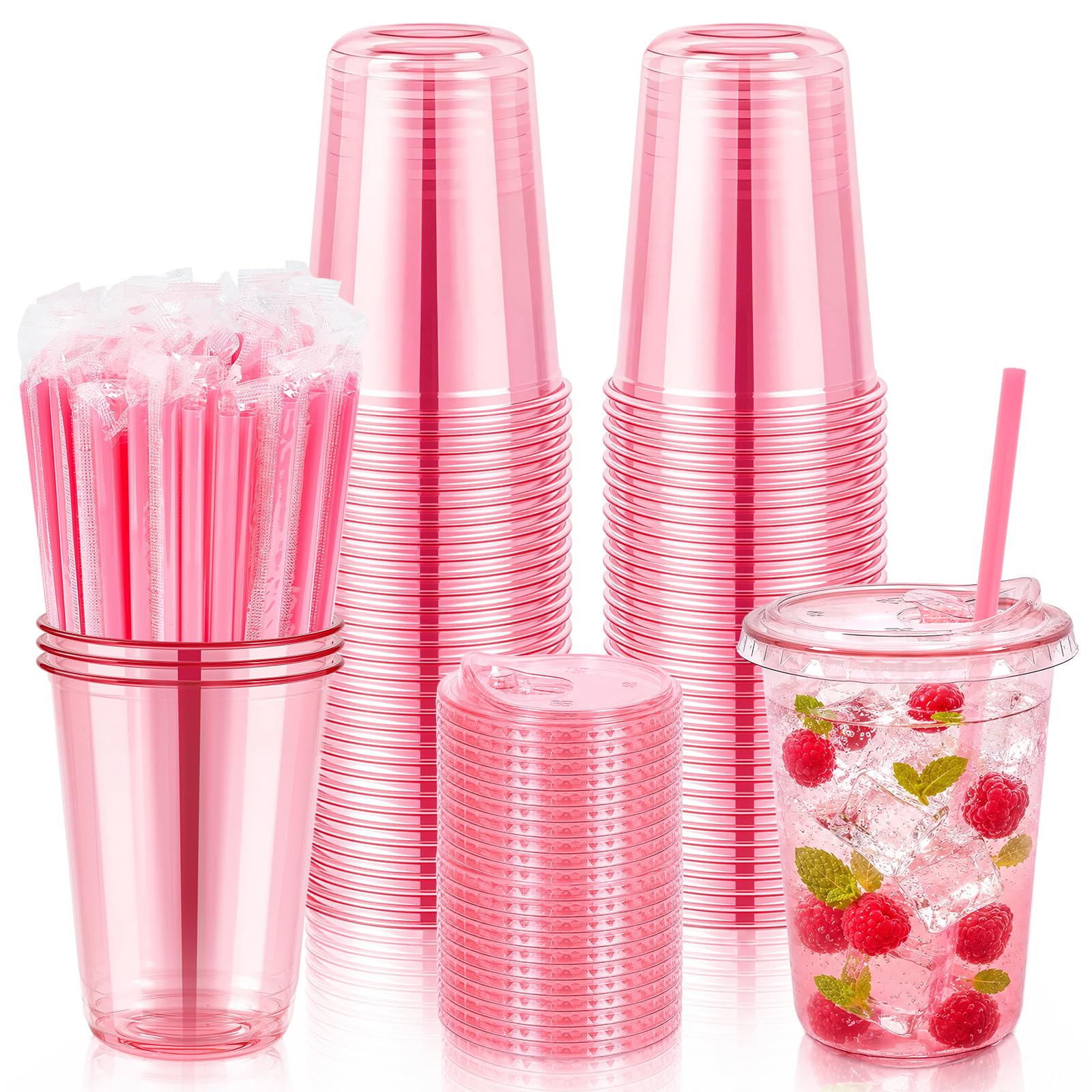 APUDWN 50 Sets 16 oz Disposable Pink Plastic Cups with Lids and Straws
