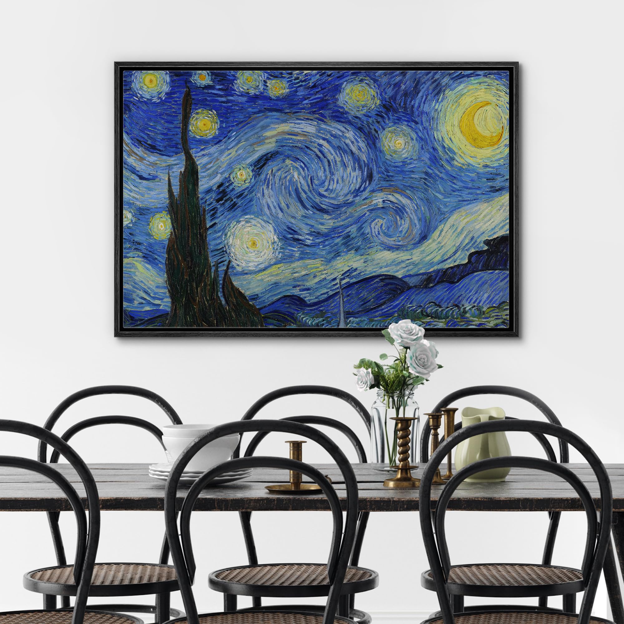 Wall26 - Starry Night By Vincent Van Gogh - Framed Canvas Art Wall Art - 24''X36'' Black