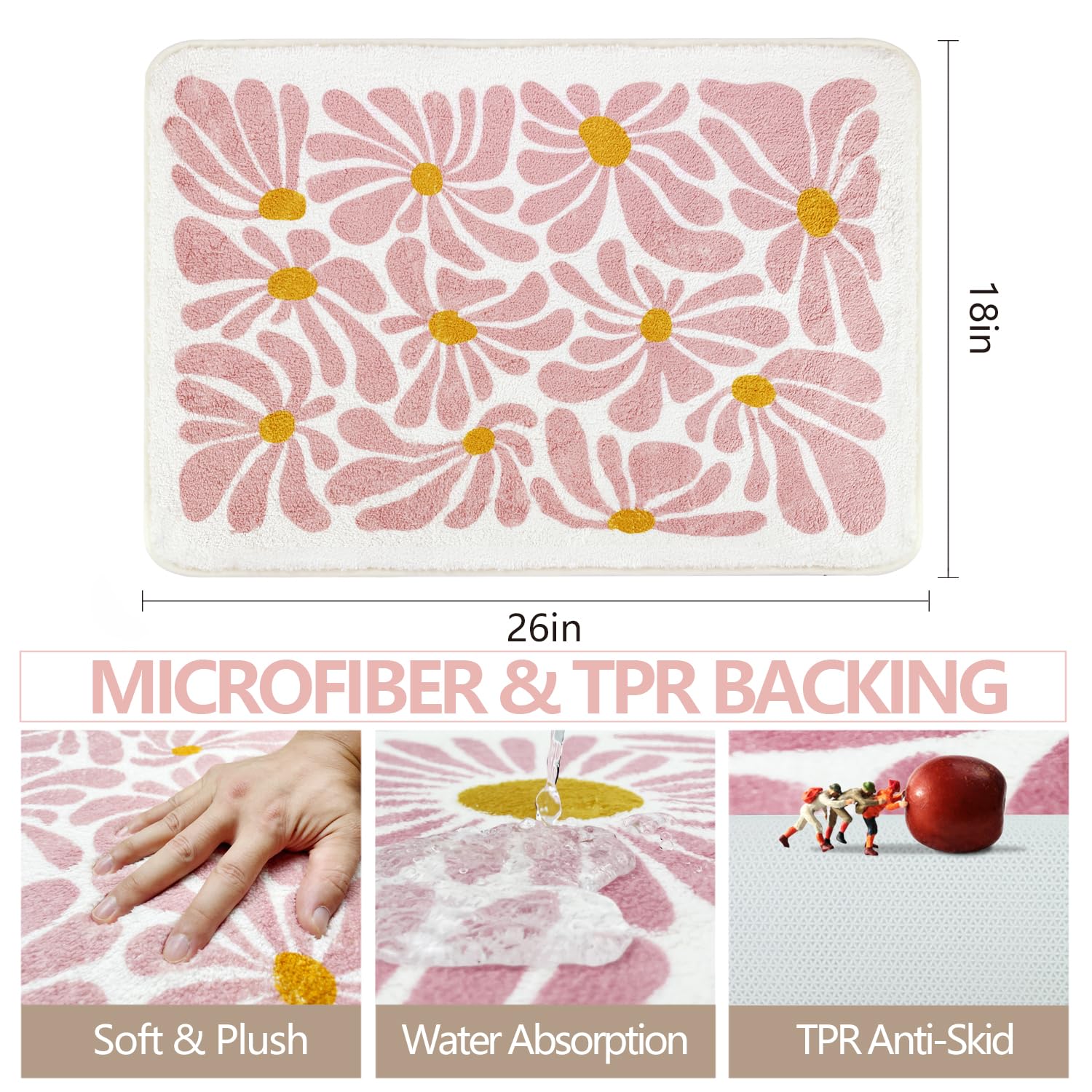 Shiyue Pink Bathroom Mat Cute Flower Bath Rug, Soft Cozy Microfiber Slip Floor Carpet Decor Absorbent Washable,Girls Bedroom Bat