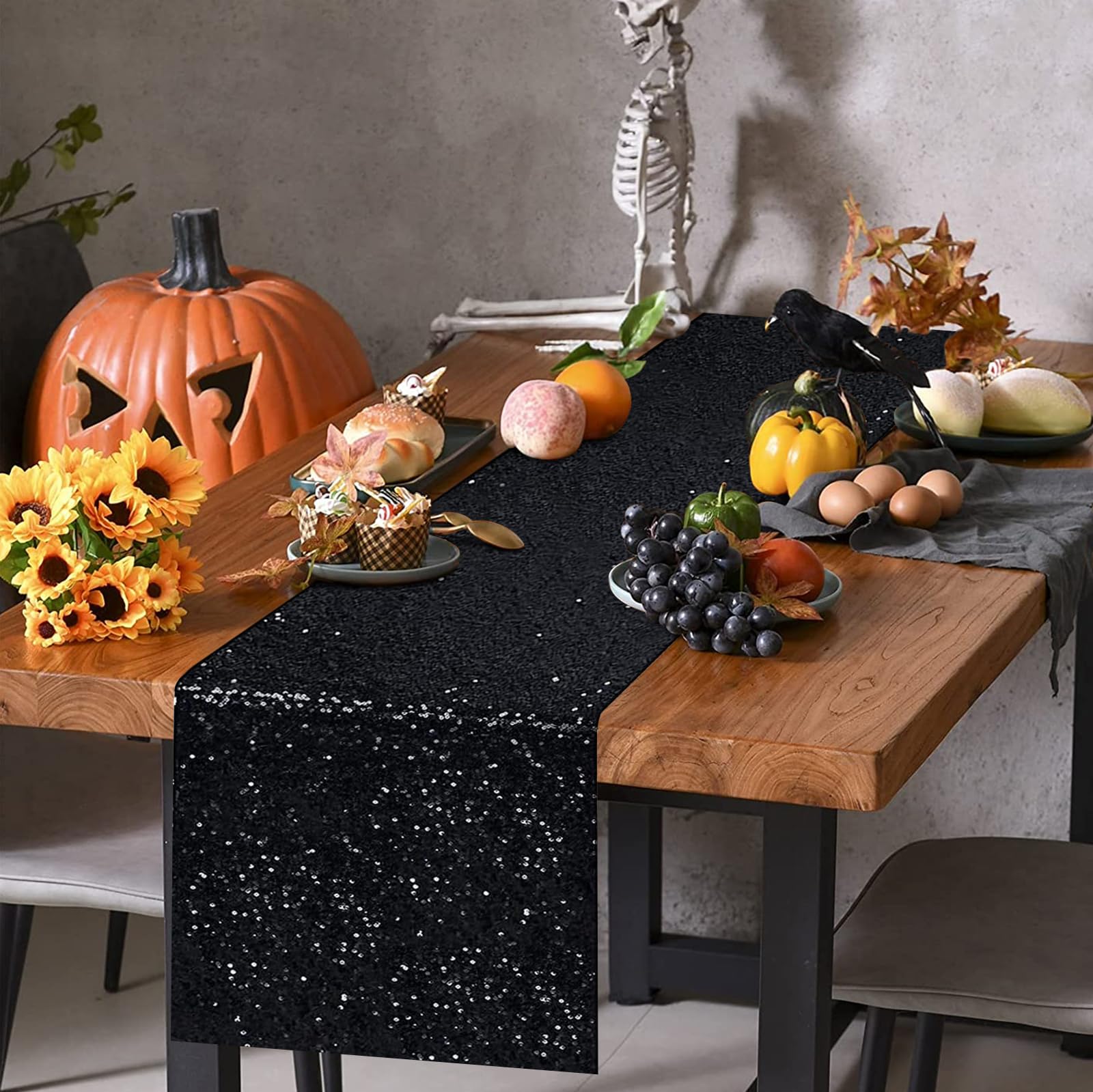 Yuboo Black Sequin Table Runners 12''X 108'', 2 Pack Glitter Table Runner, Graduation Party Decorations, Sparkly Black Decoratio