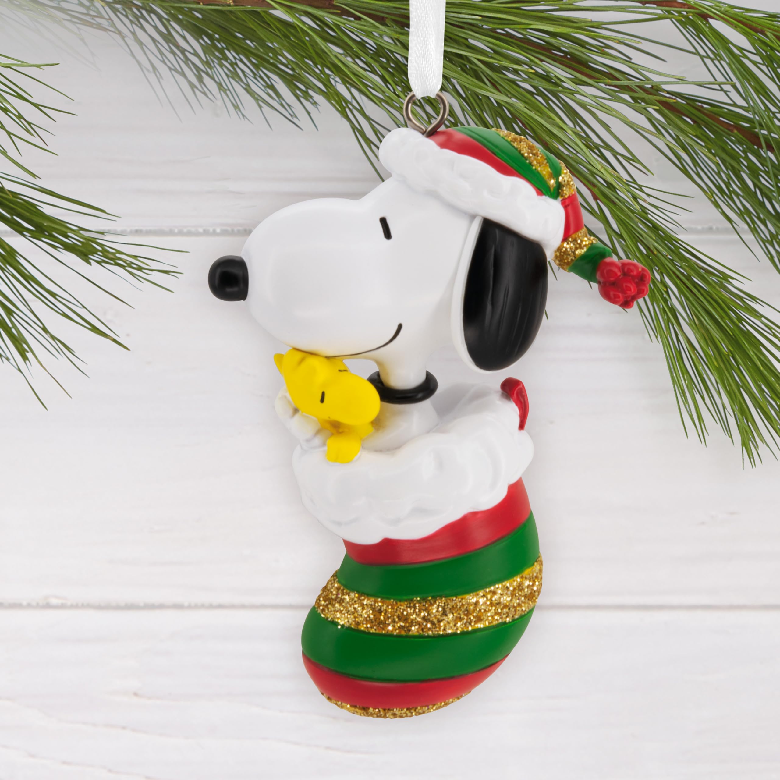 Hallmark Peanuts Snoopy and Woodstock in Stocking Christmas Ornament, Gifts for Peanuts Fans