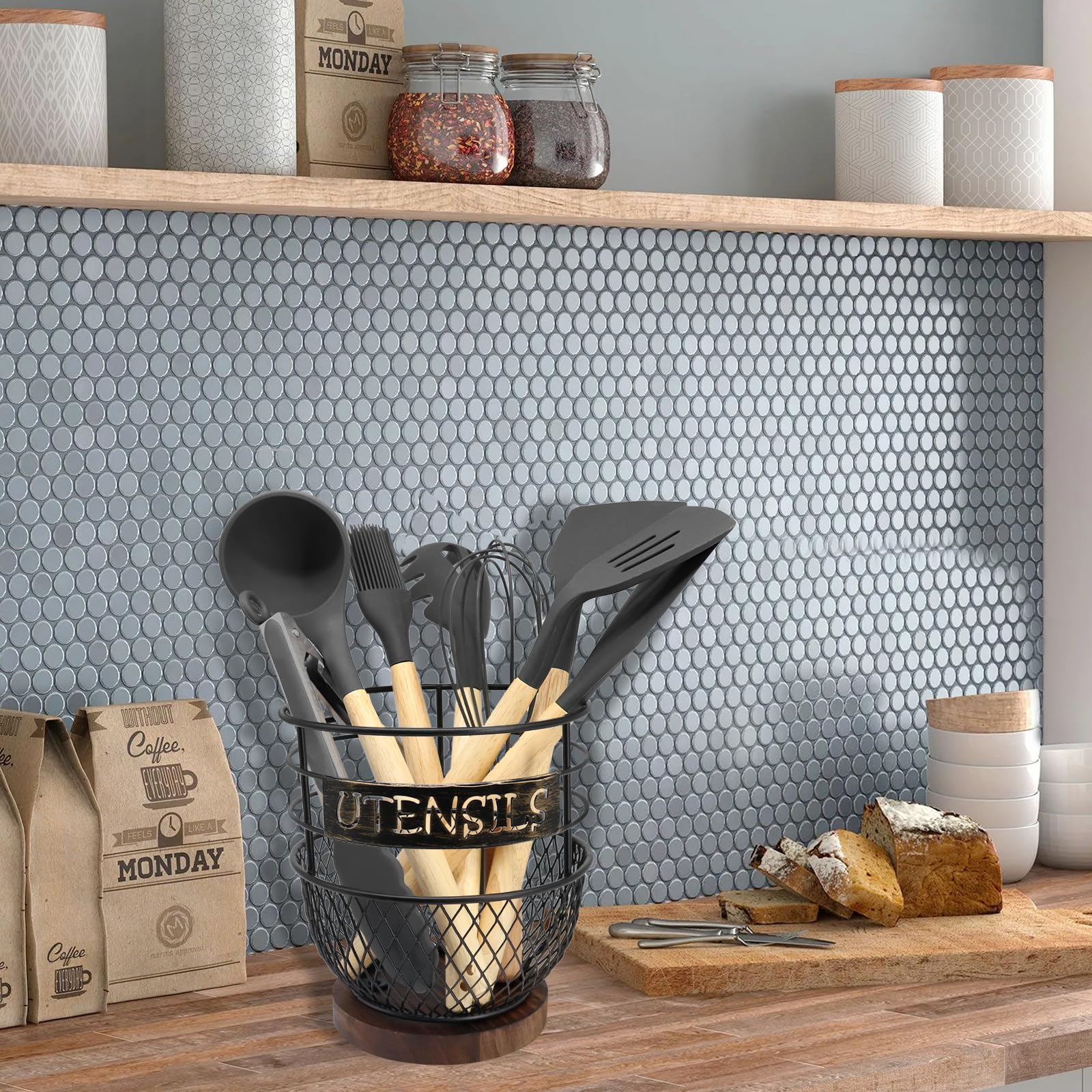 Sodsai Large Utensils Holder In Sleek Matte Black With Rustic Wooden Base For Modern Kitchens - Spacious, Rustproof Organizer Fo